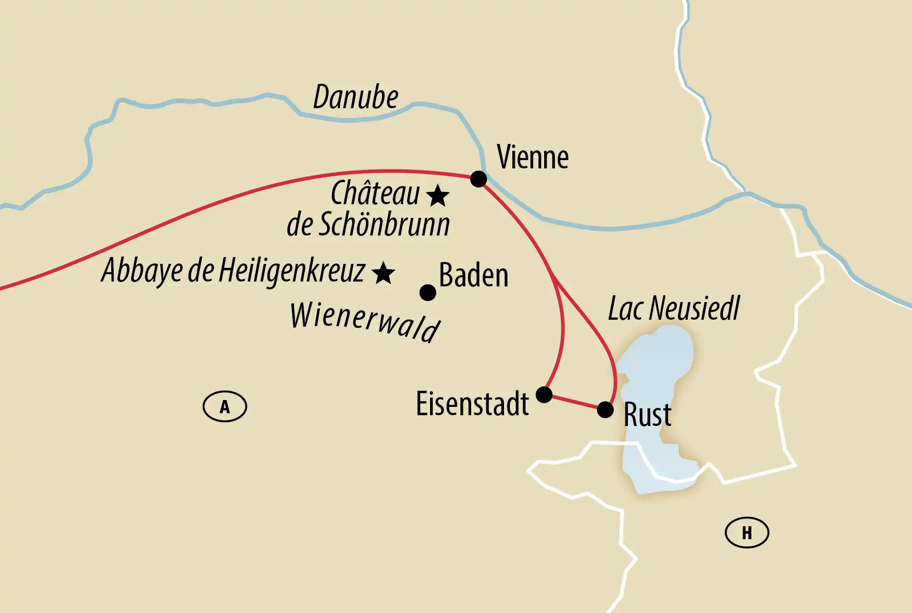 Carte de la région de Vienne et du Burgenland avec des lieux comme Vienne, Baden, Eisenstadt et le lac de Neusiedl