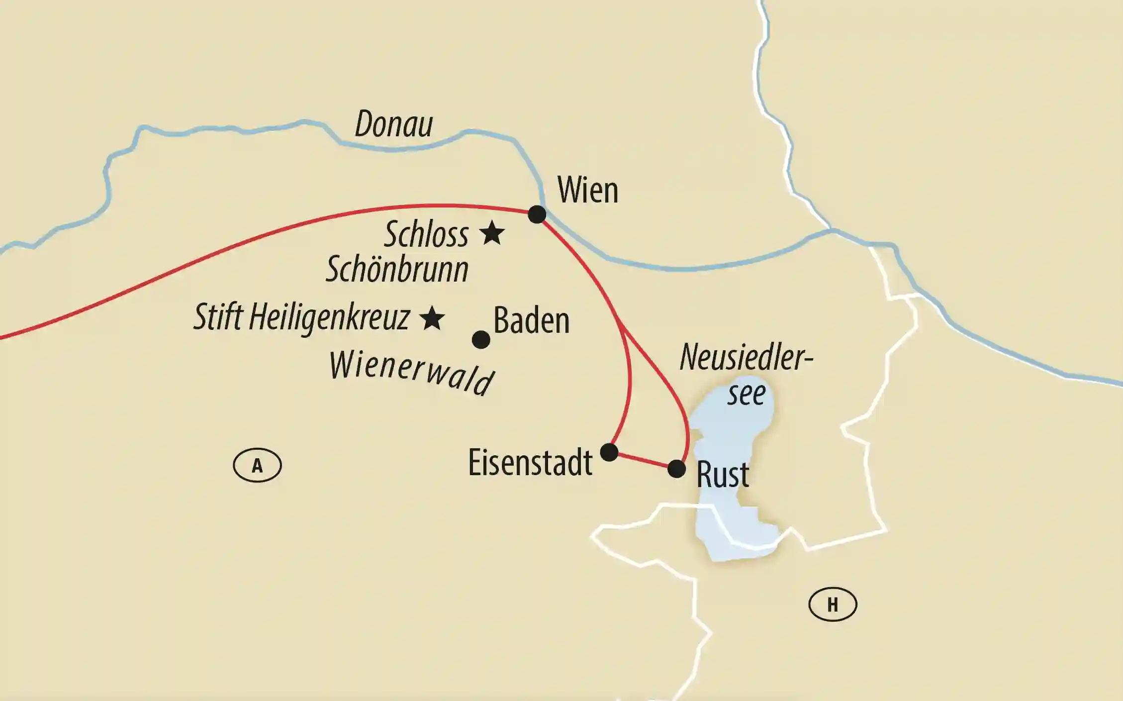 Karte der Region Wien und Burgenland mit Orten wie Wien, Baden, Eisenstadt und Neusiedler See