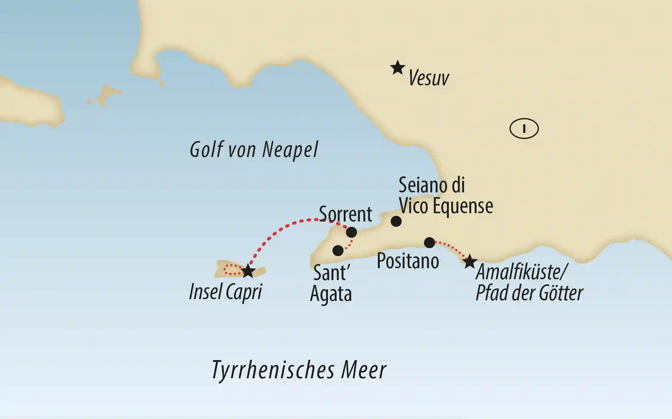 Karte mit Reiseroute an der Amalfiküste und rund um Neapel
