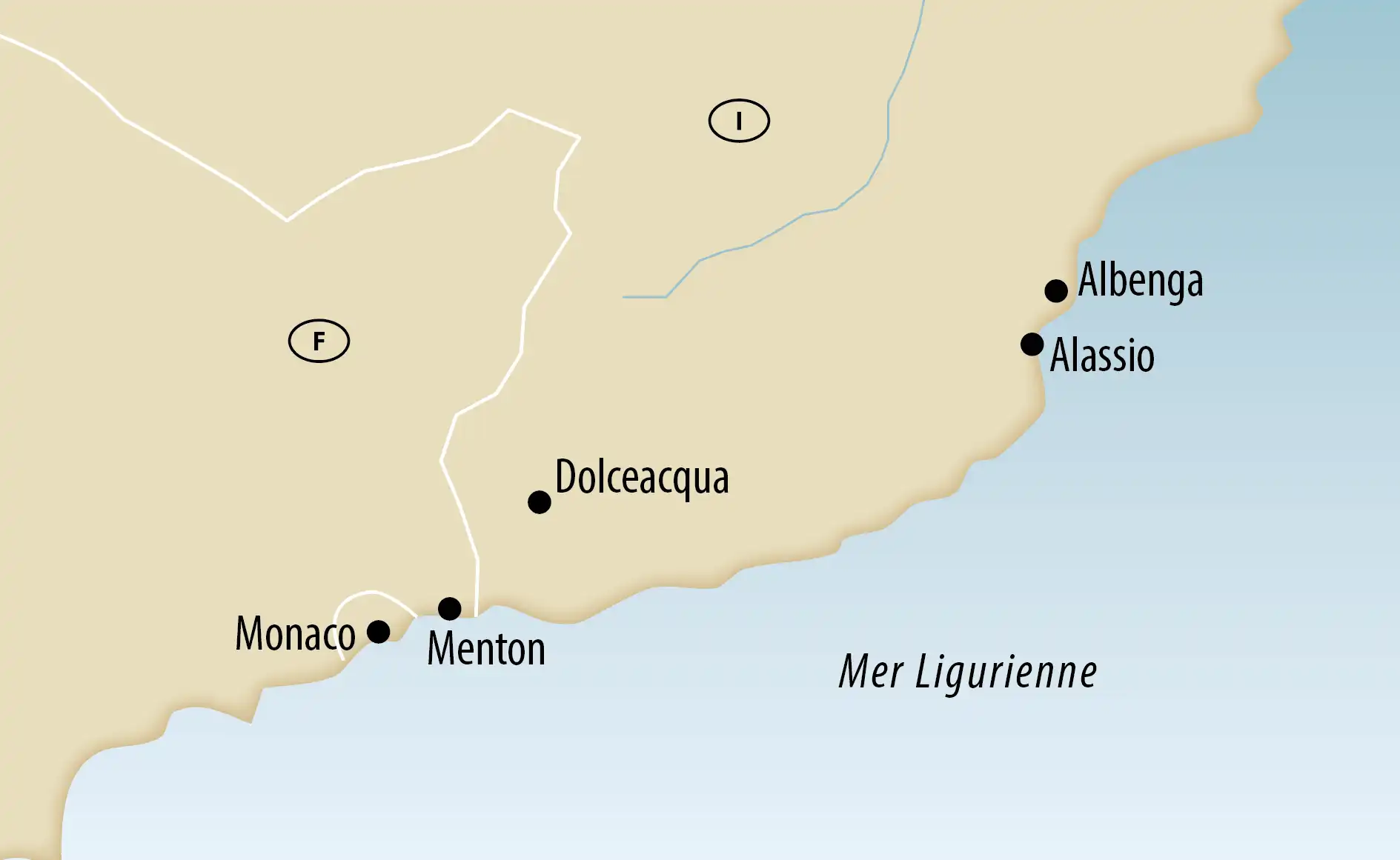 Carte de la Riviera des Fleurs avec Monaco, Menton, Dolceacqua, Alassio et Albenga