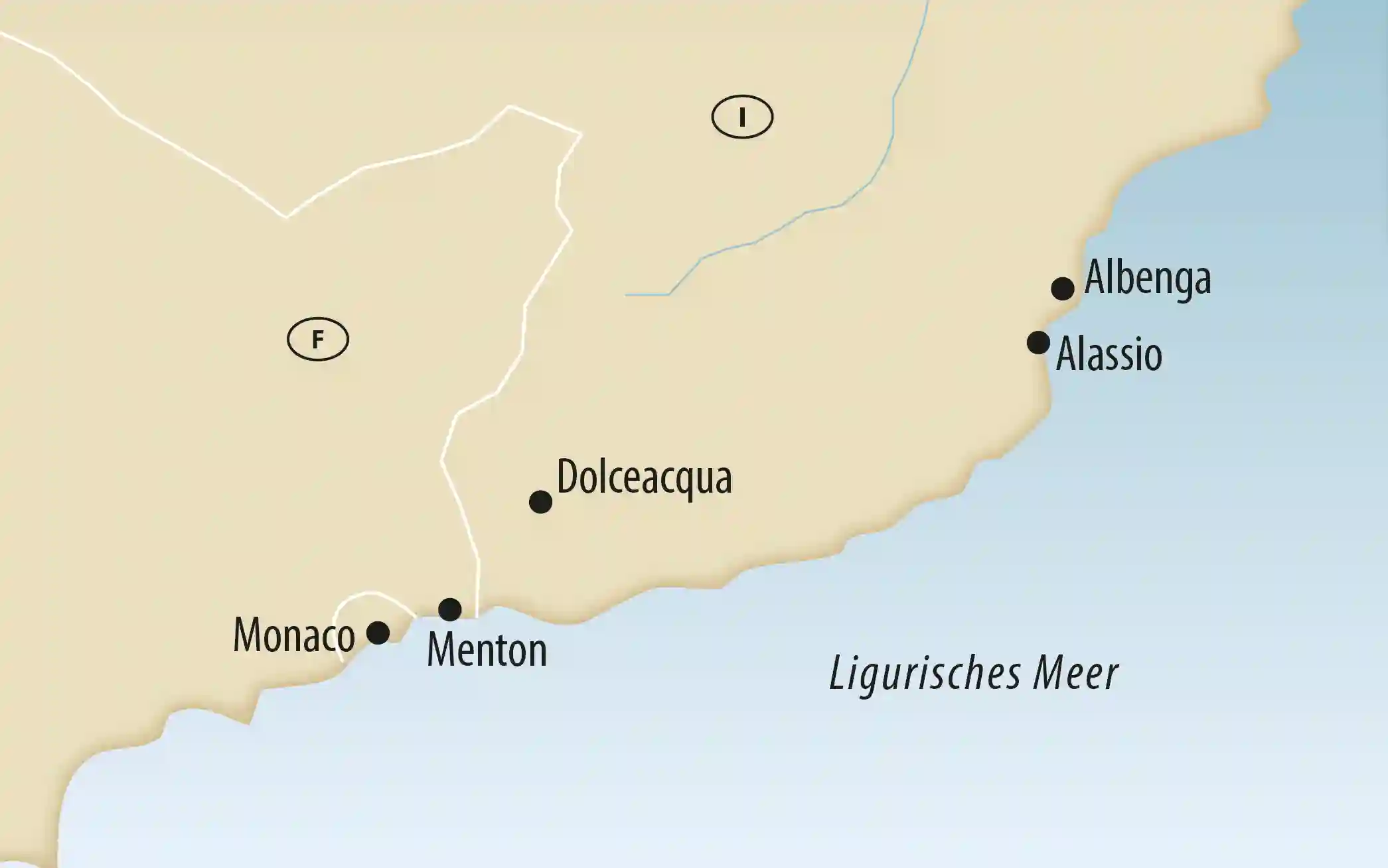 Übersichtskarte der Blumenriviera mit Monaco, Menton, Dolceacqua, Alassio und Albenga