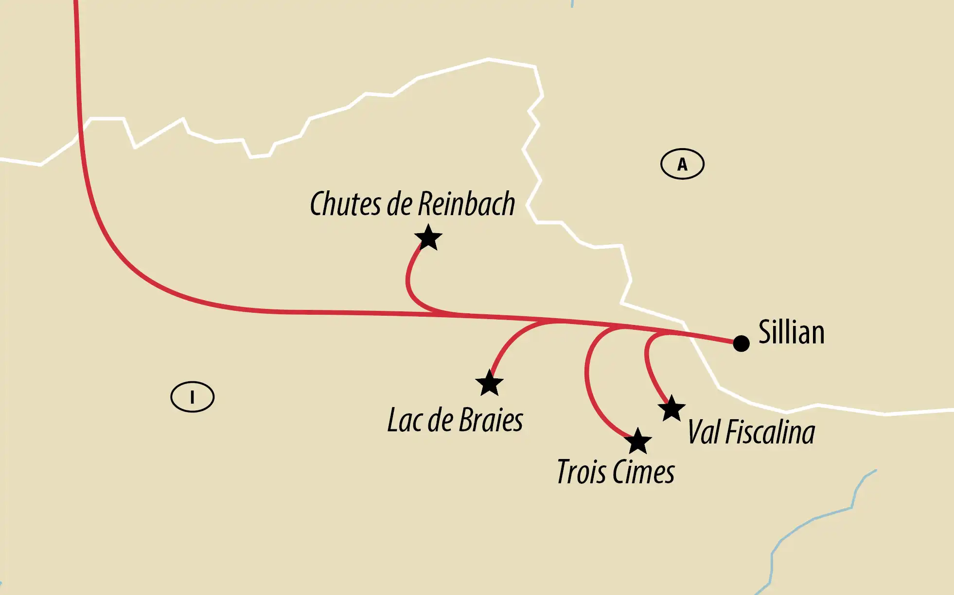 Carte d'ensemble des Dolomites avec sites d excursion et itinéraires indiqués