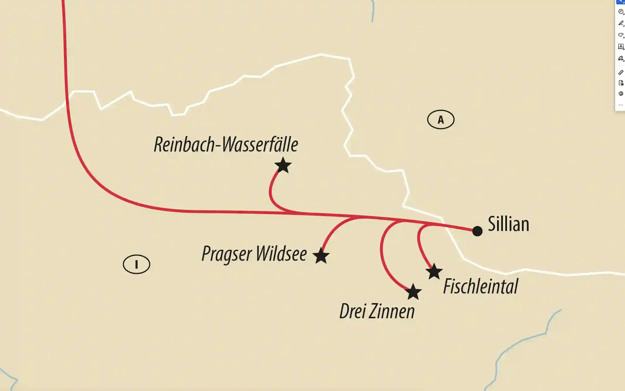 Übersichtskarte der Dolomiten mit markierten Ausflugszielen und Routen