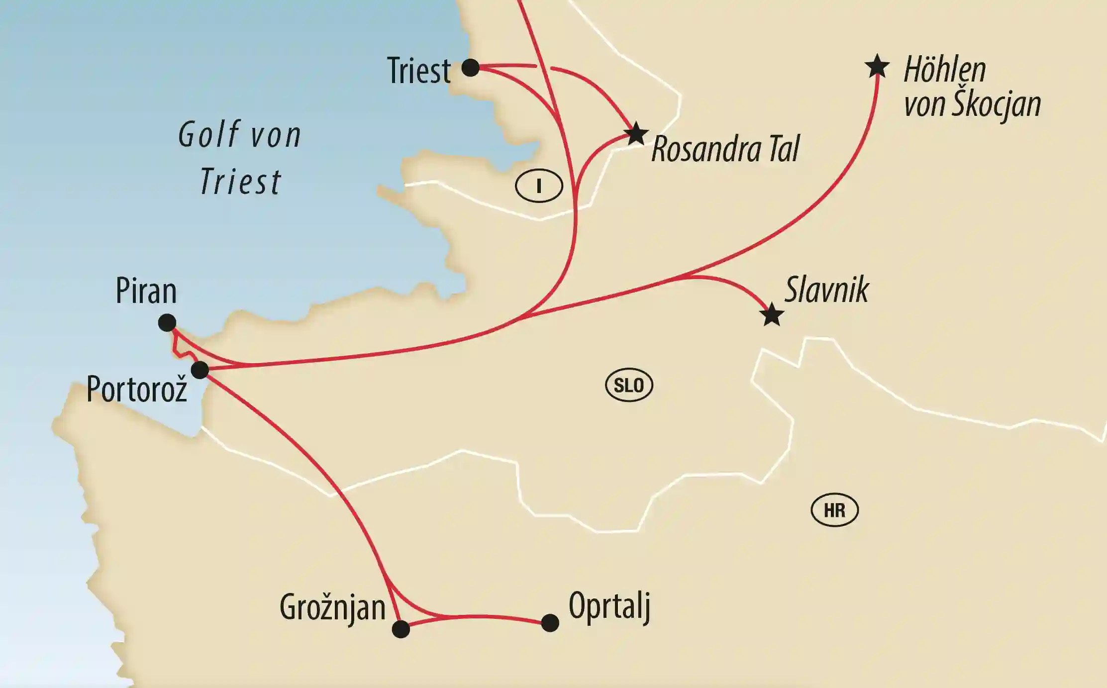 Karte von Slowenien mit Reiseroute zwischen Küste und Inland