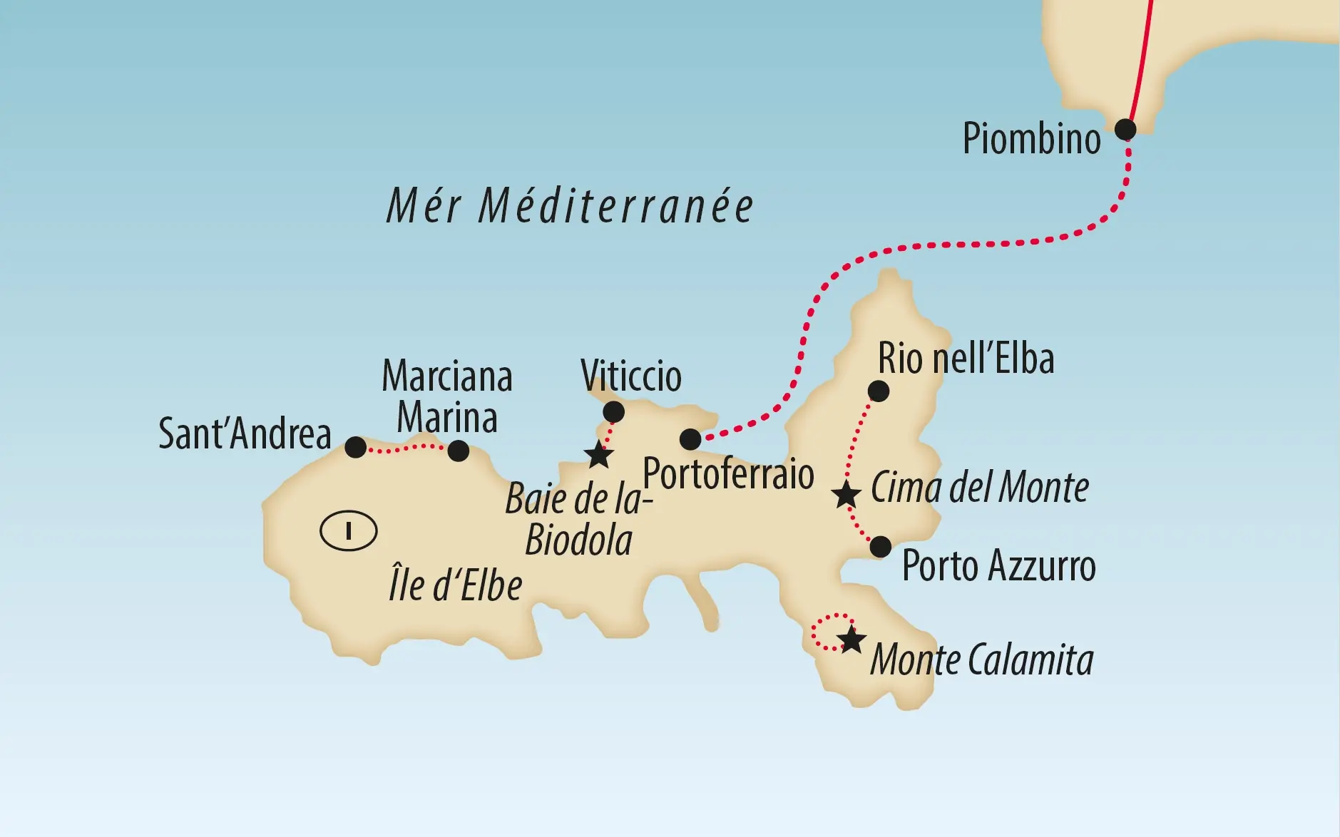 Carte de l'île d'Elbe avec villes, baies et itinéraire de voyage