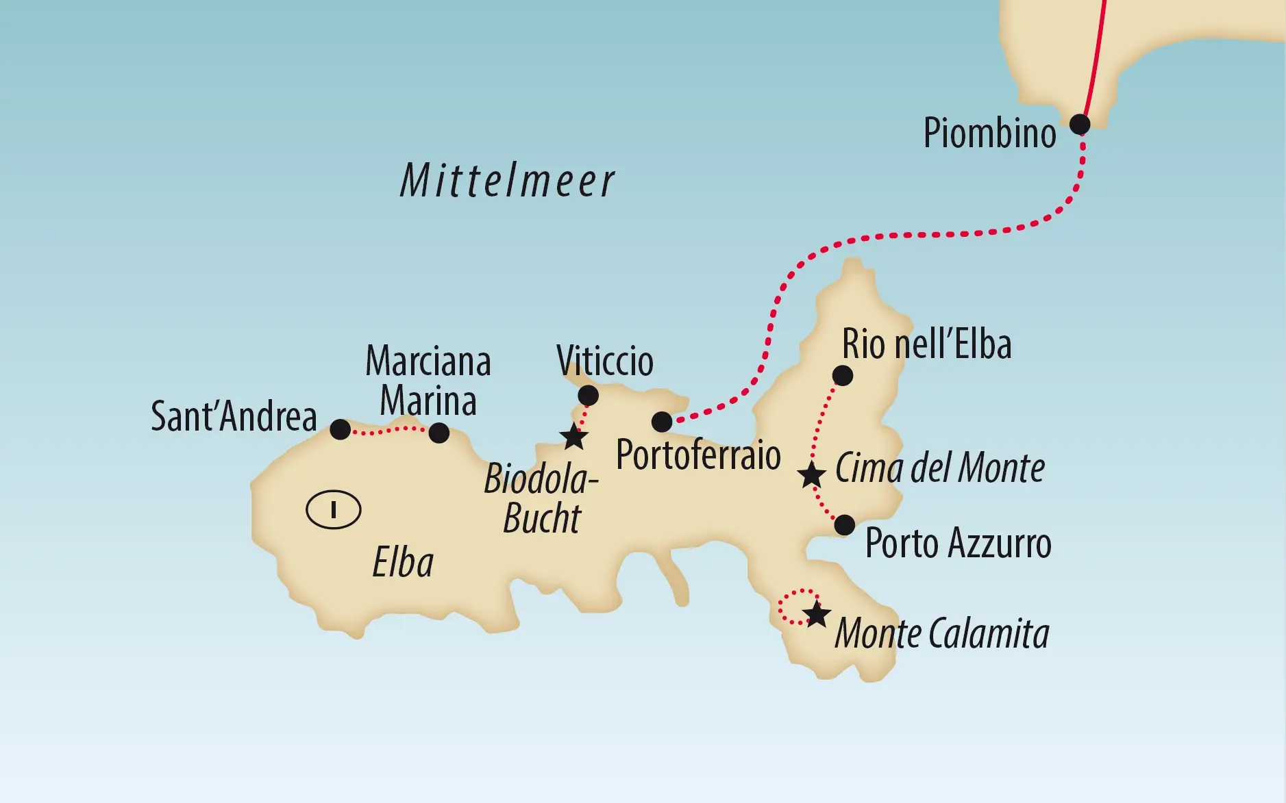 Karte der Insel Elba mit Portoferraio, Marciana Marina und Ausflugszielen