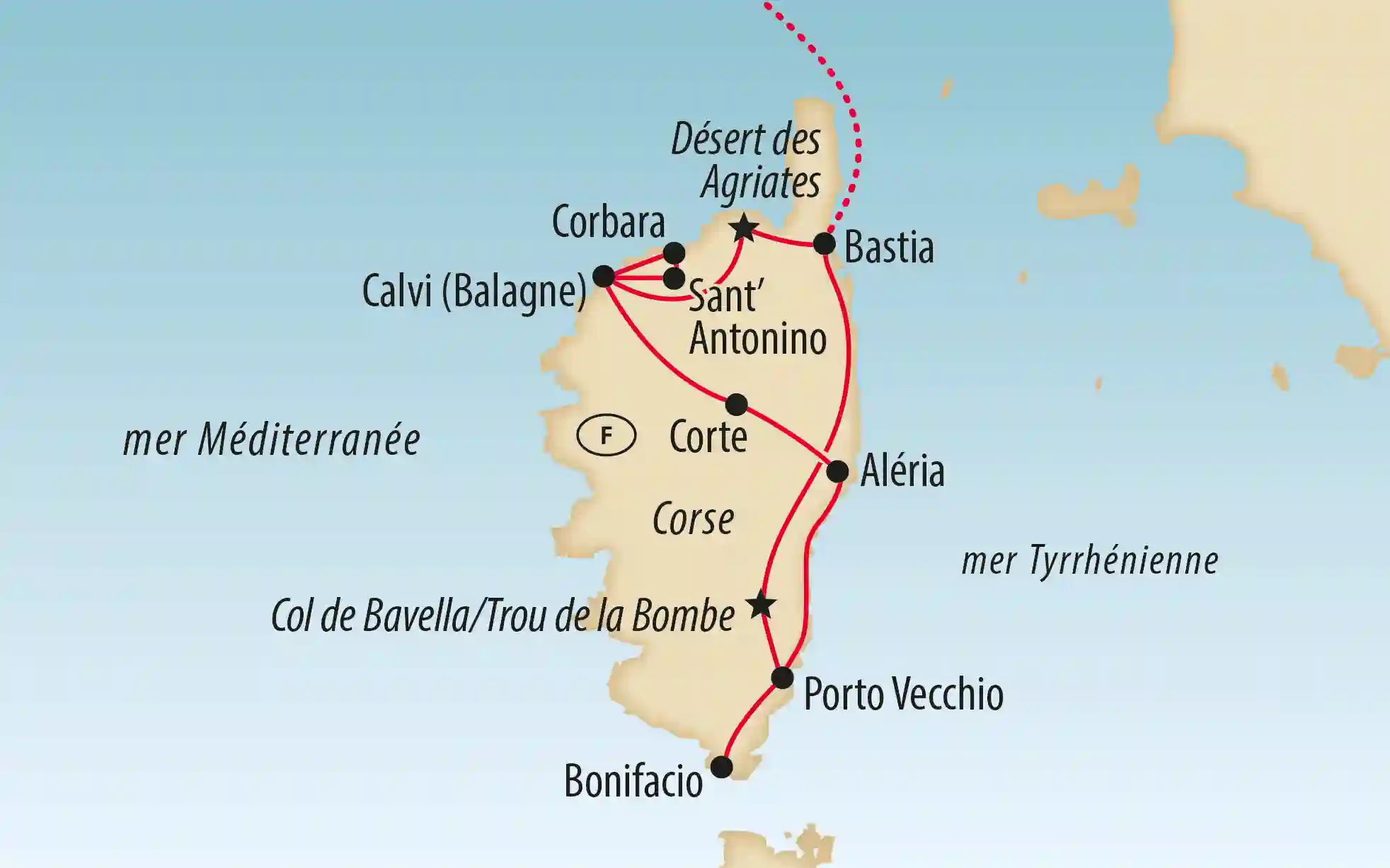 Carte de la Corse avec itinéraire de voyage, villes et paysages de l’île