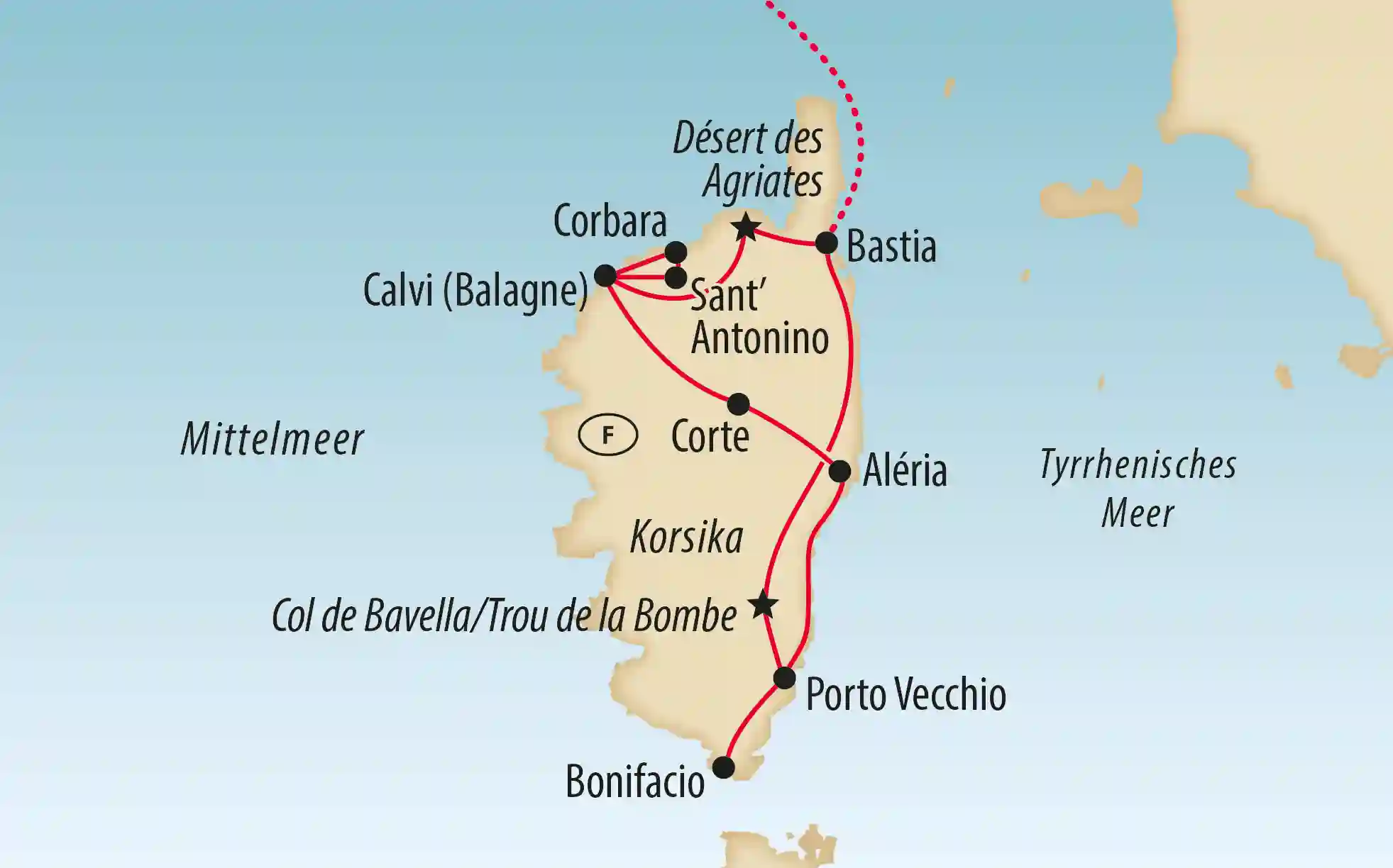 Karte von Korsika mit Reiseroute, Städten und Landschaften der Insel