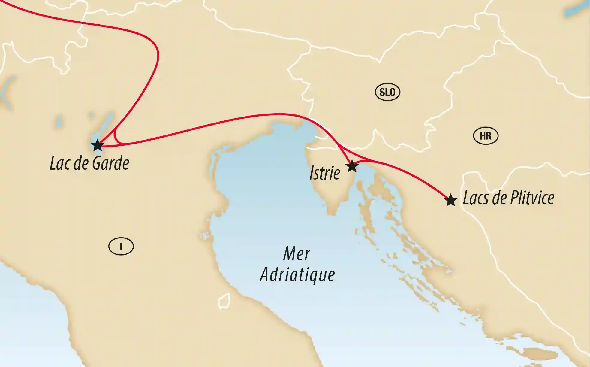 Carte de la Croatie montrant un itinéraire de voyage vers le lac de Garde, l Istrie et les lacs de Plitvice au bord de l Adriatique