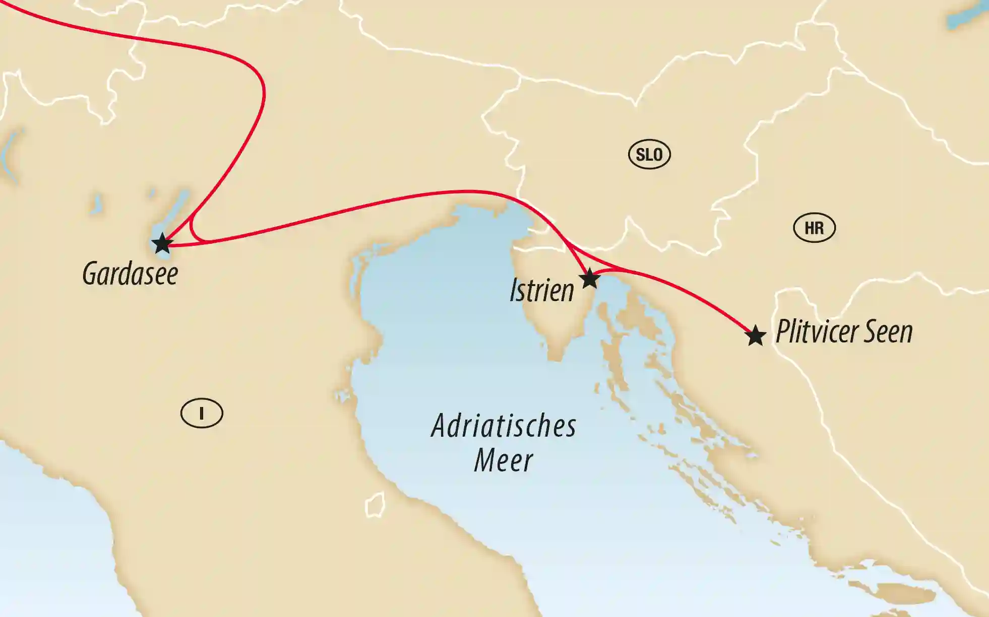 Übersichtskarte von Kroatien mit Reiseroute zu Gardasee, Istrien und den Plitvicer Seen am Adriatischen Meer