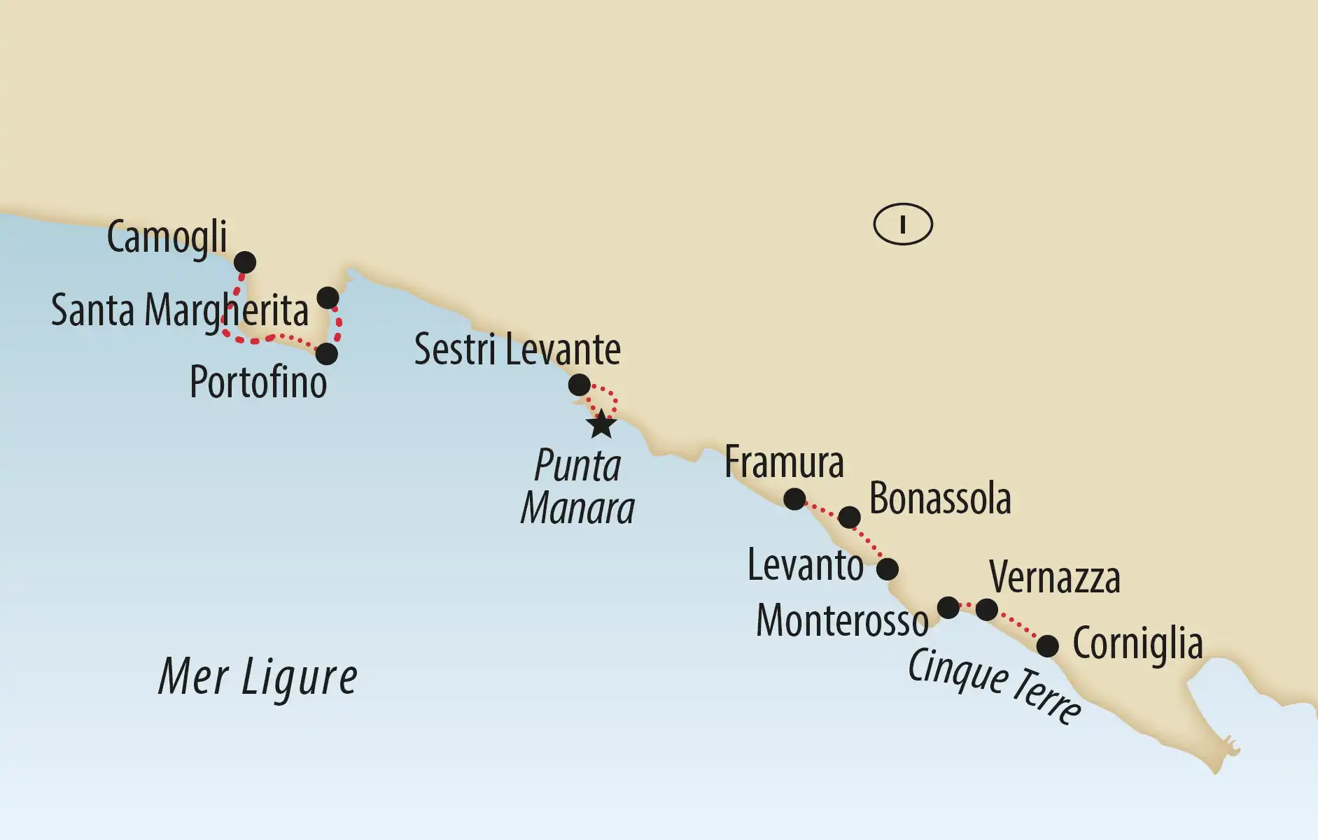 Carte de la côte ligure avec lieux indiqués comme Camogli, Portofino, Cinque Terre et itinéraire de randonnée