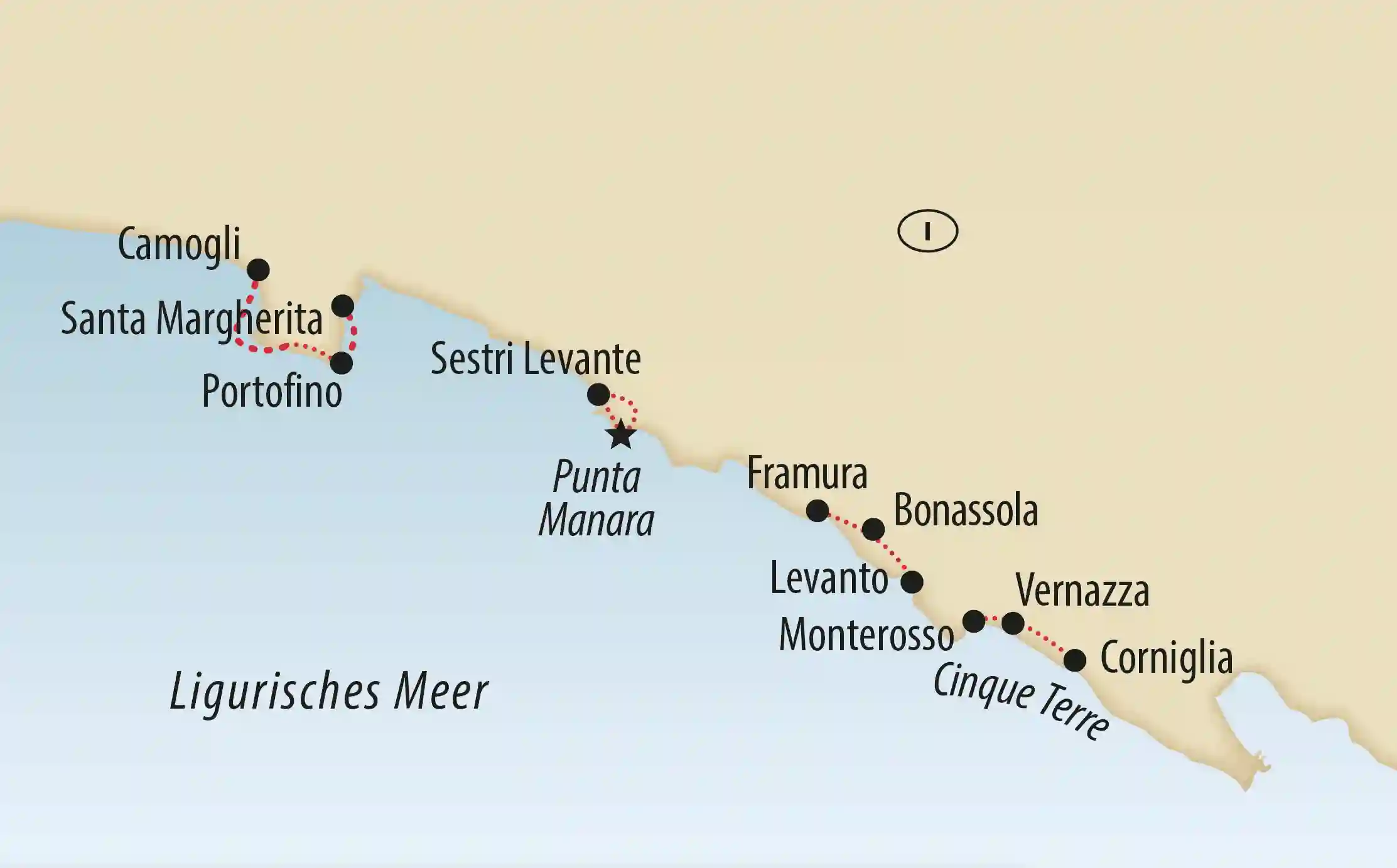 Karte der ligurischen Küste mit markierten Orten wie Camogli, Portofino, Cinque Terre und Wanderroute