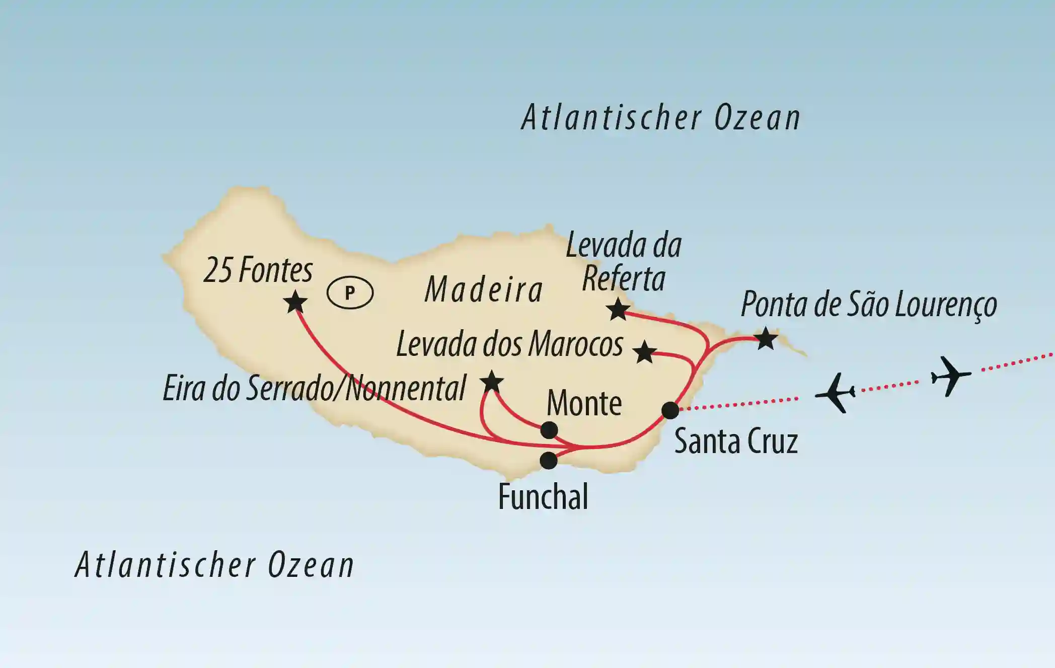 Karte der Insel Madeira mit Reiseroute, Orten und Wandergebieten