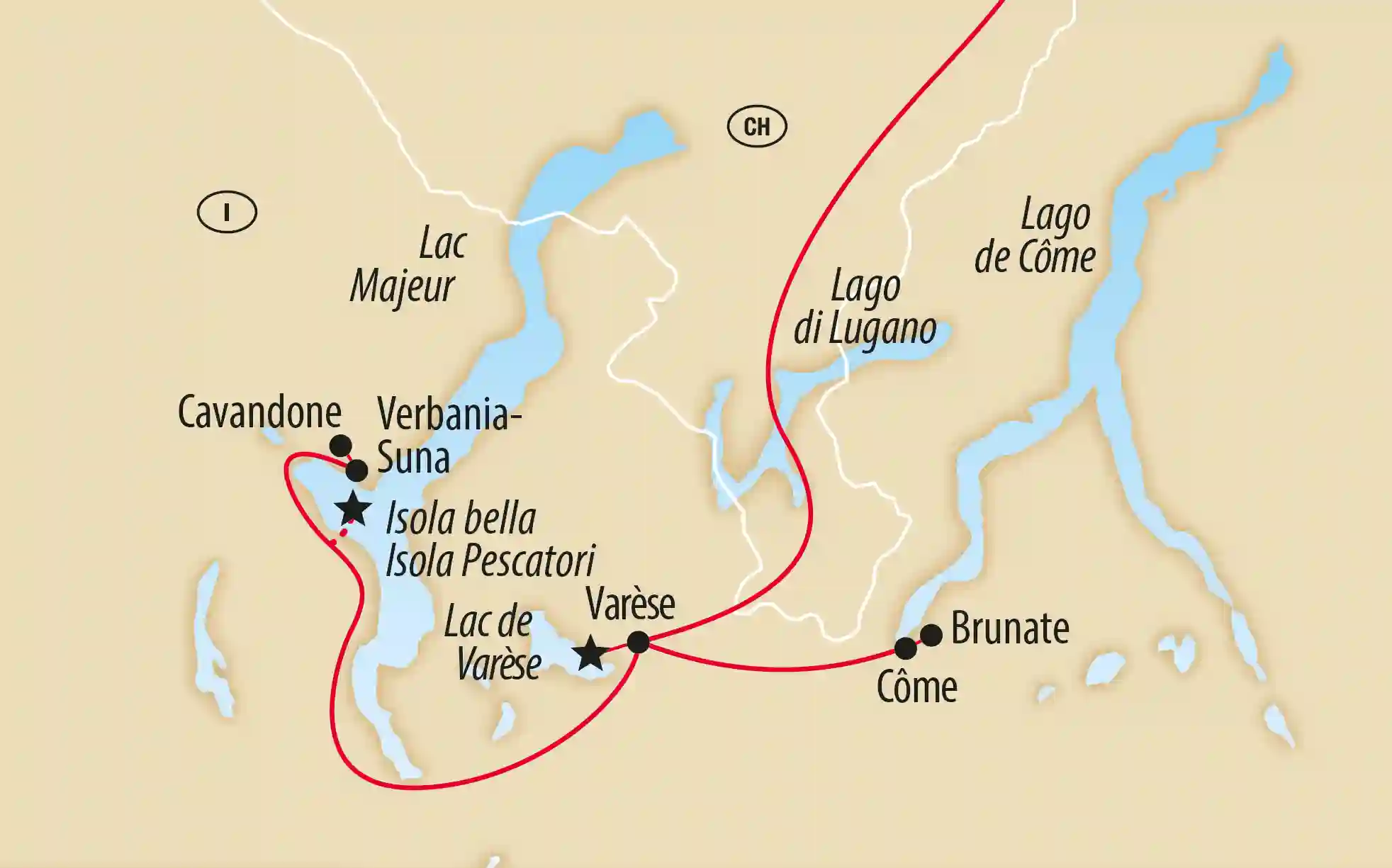 Carte de la région des lacs avec itinéraire indiqué autour du Lago Maggiore, du Lago di Varese, du Lago di Lugano et du Lago di Como.