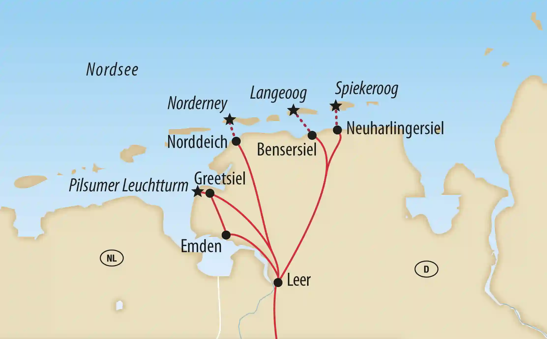 Übersichtskarte von Ostfriesland mit Nordsee, Inseln und Küstenorten