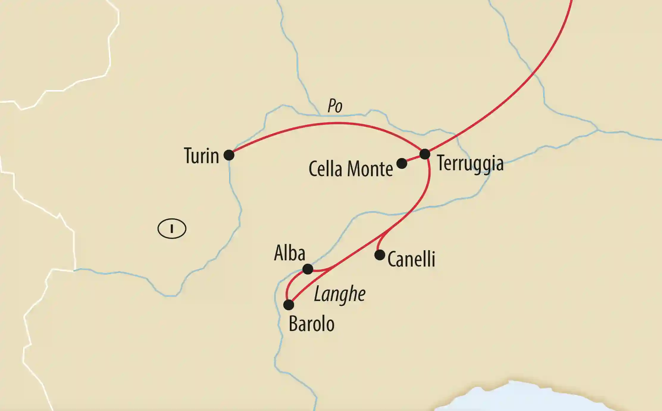 Übersichtskarte mit Reiseroute durch das Piemont