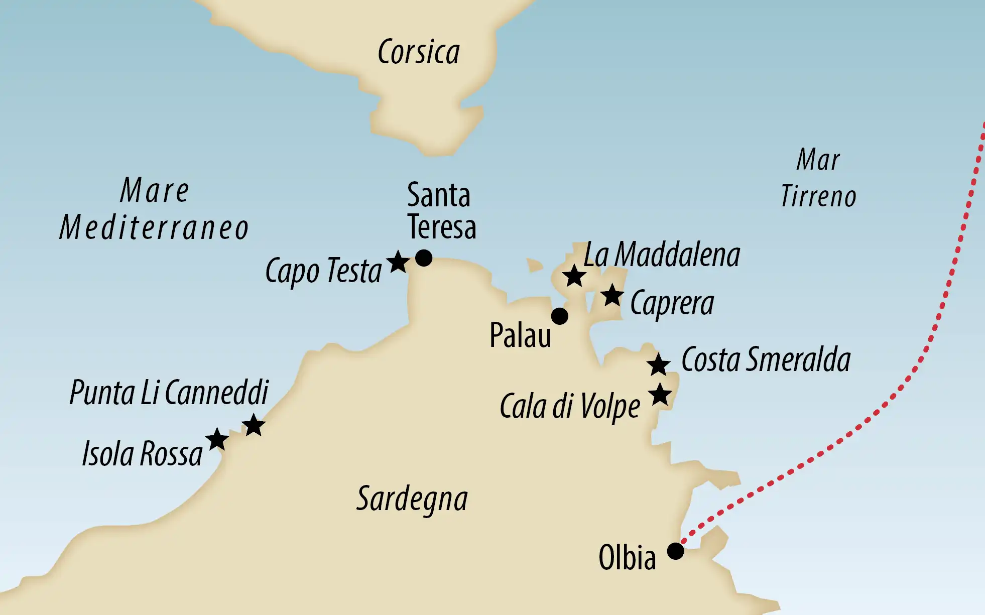 Carte détaillée du nord est de la Sardaigne avec sites et itinéraires