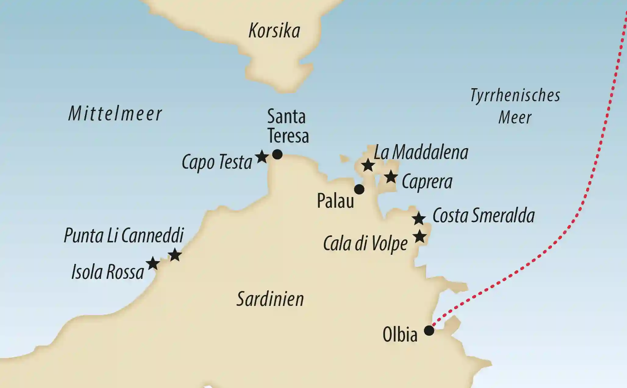 Übersichtskarte von Nordostsardinien mit Orten und Küstenabschnitten