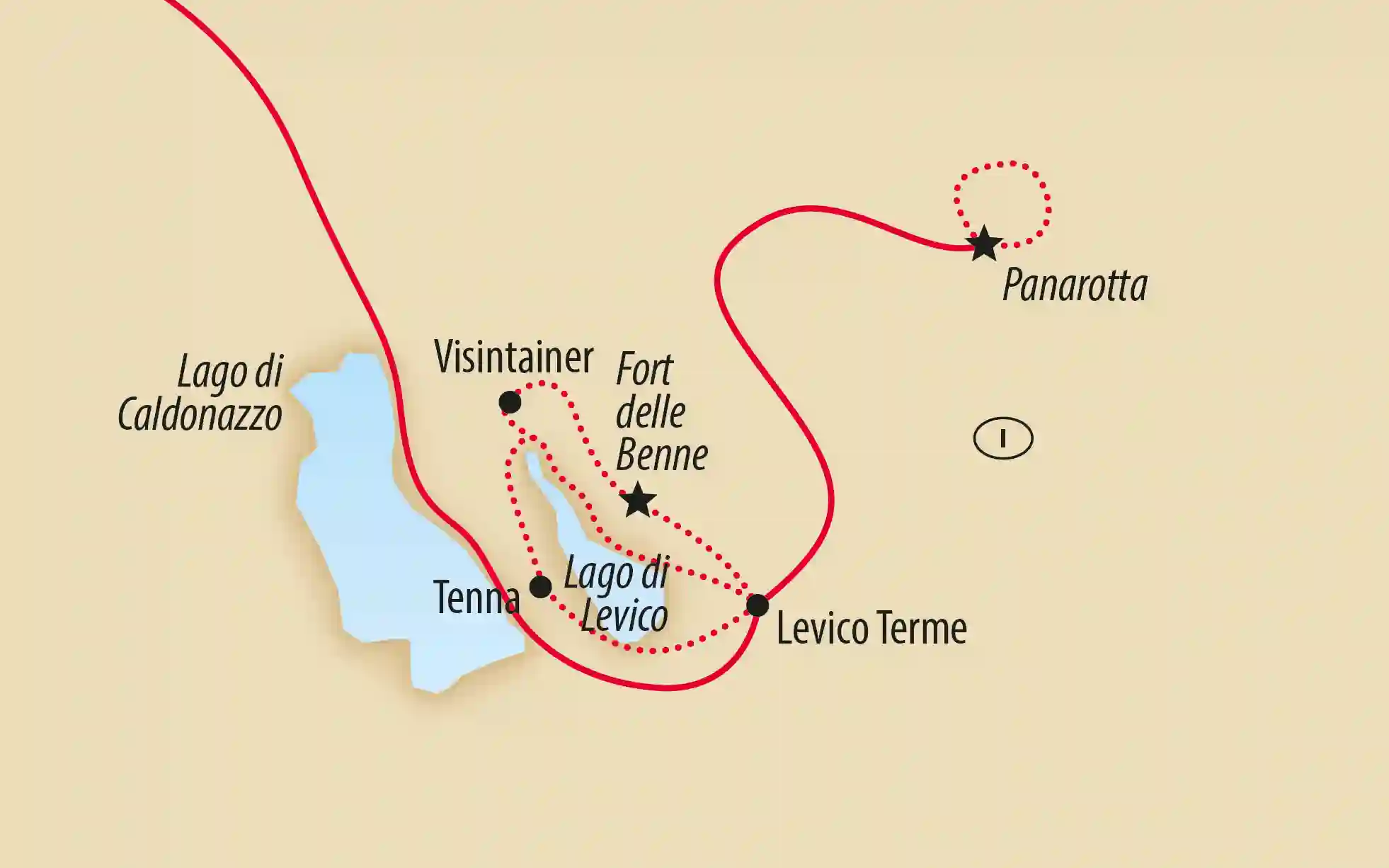 Carte de la région de Levico Terme et du lac de Caldonazzo avec itinéraire indiqué