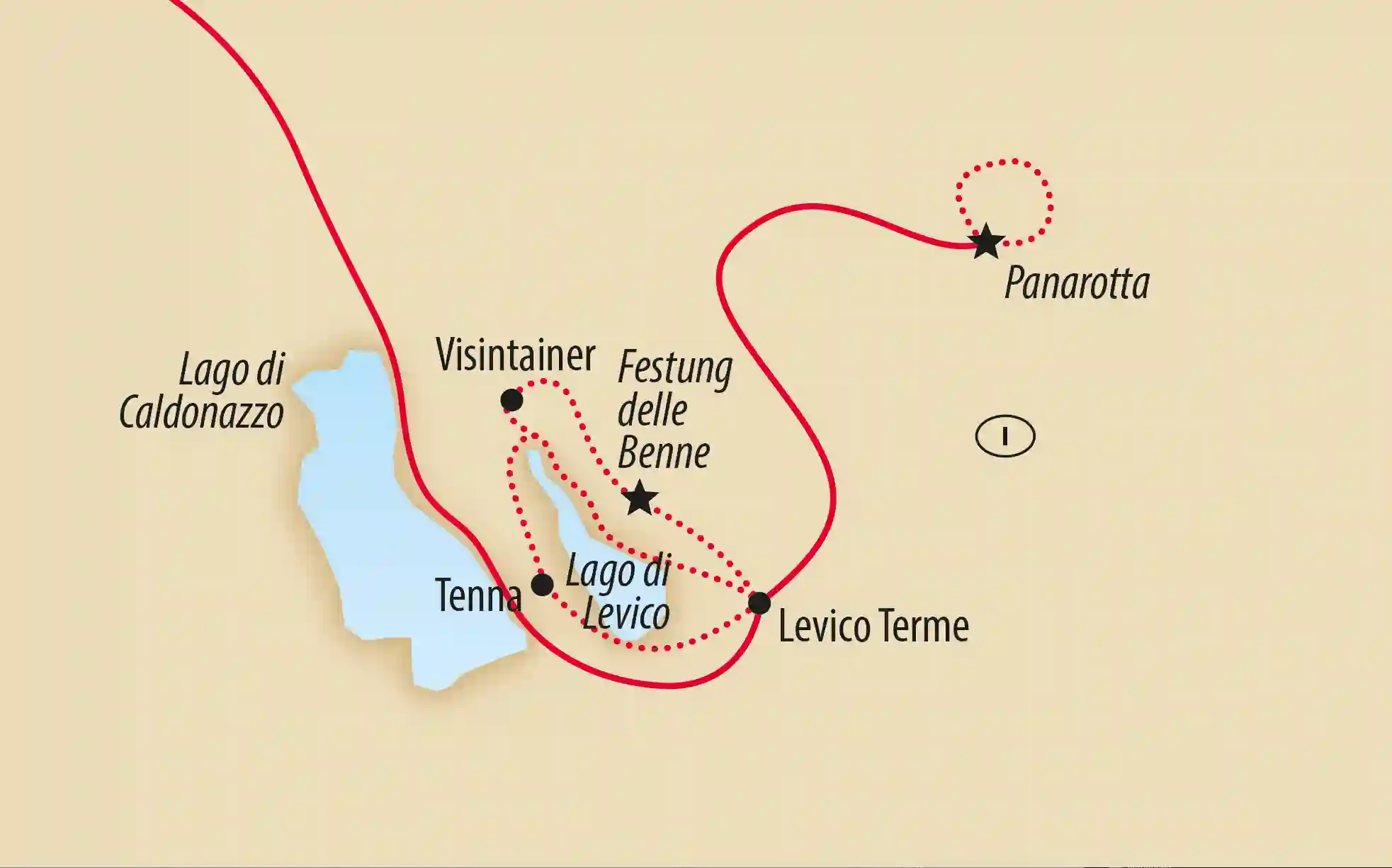 Übersichtskarte der Region Levico Terme und Caldonazzo See mit markierter Reiseroute