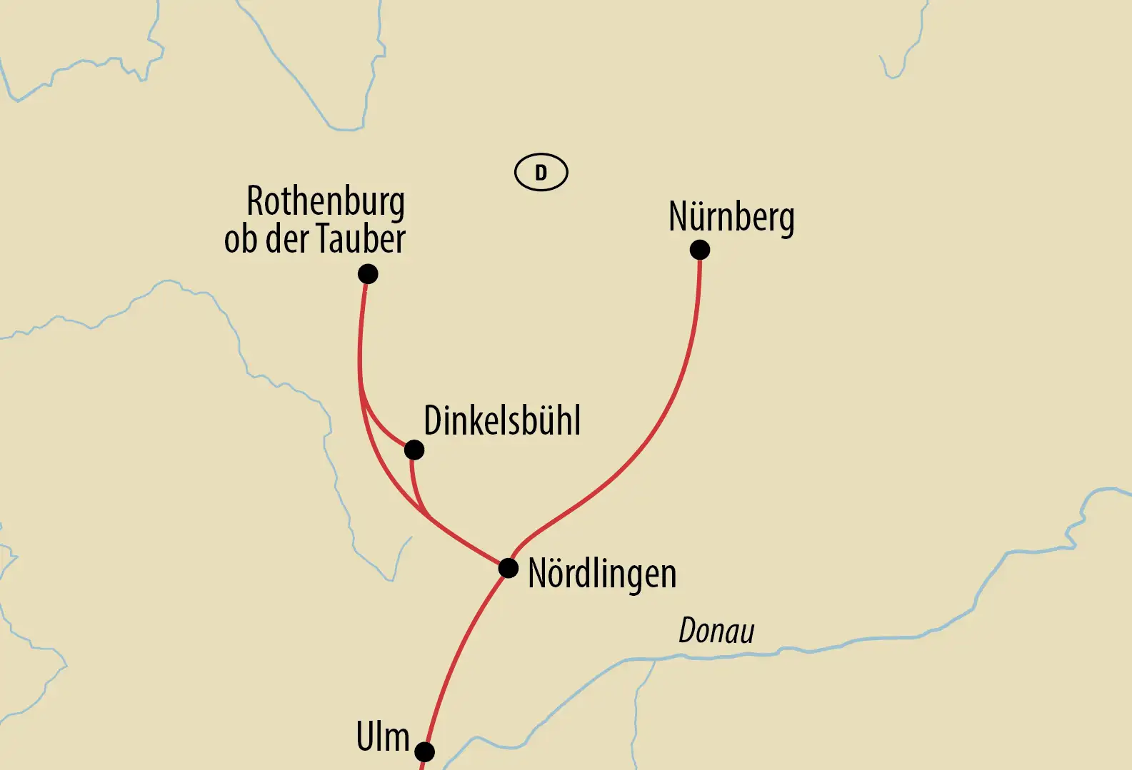 Übersichtskarte der Reiseroute durch Süddeutschland mit Stationen