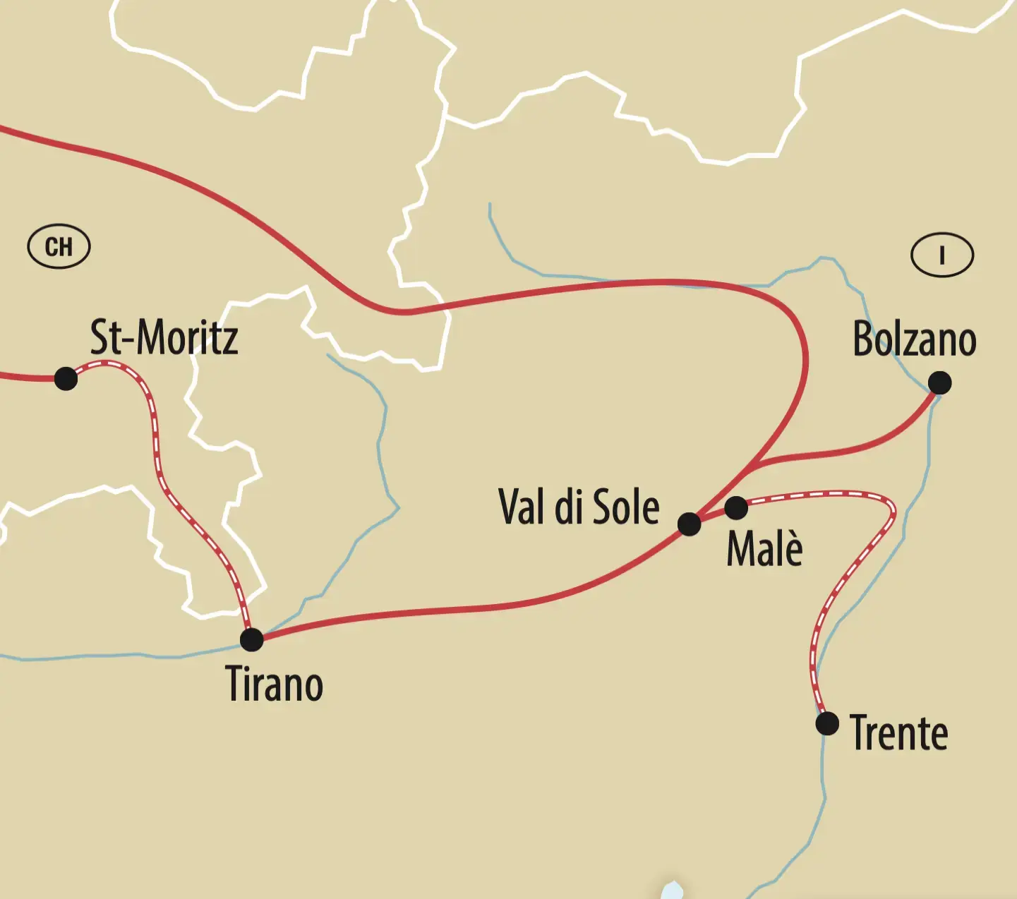 Carte montrant un itinéraire de St Moritz à Trente via Malè et Bolzano