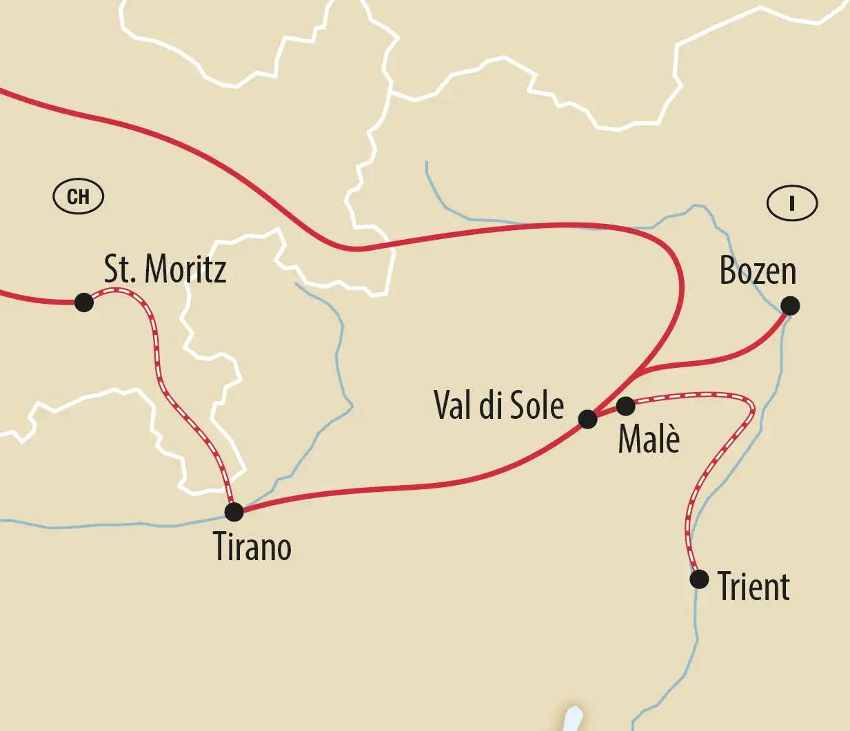 Karte mit Reiseroute von St. Moritz nach Trient über Malè und Bozen