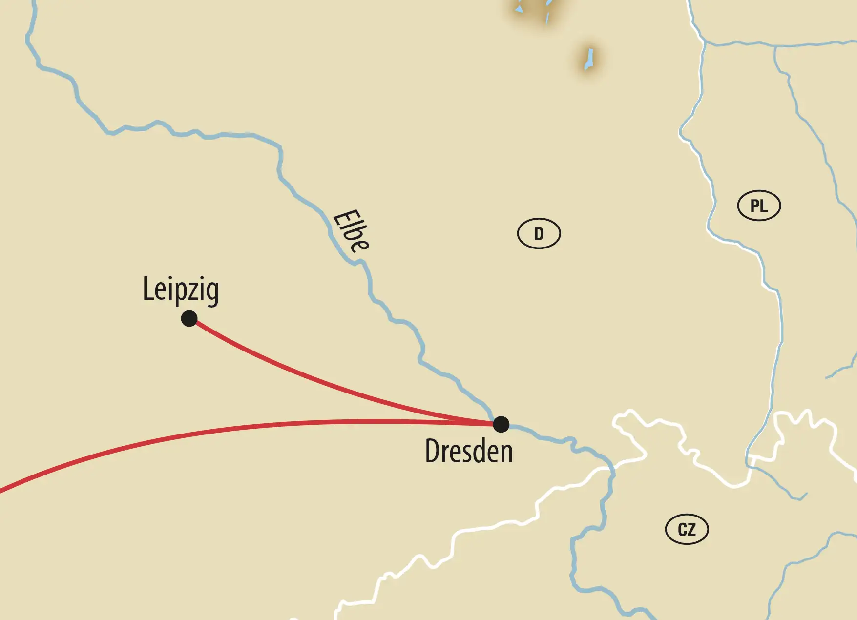 Karte mit Strecke zwischen Leipzig und Dresden entlang der Elbe