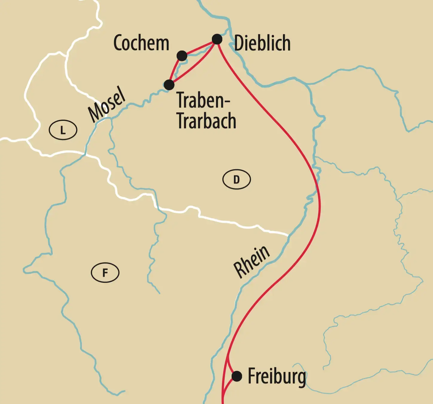 Karte mit Reiseroute entlang der Mosel von Freiburg nach Cochem und Dieblich