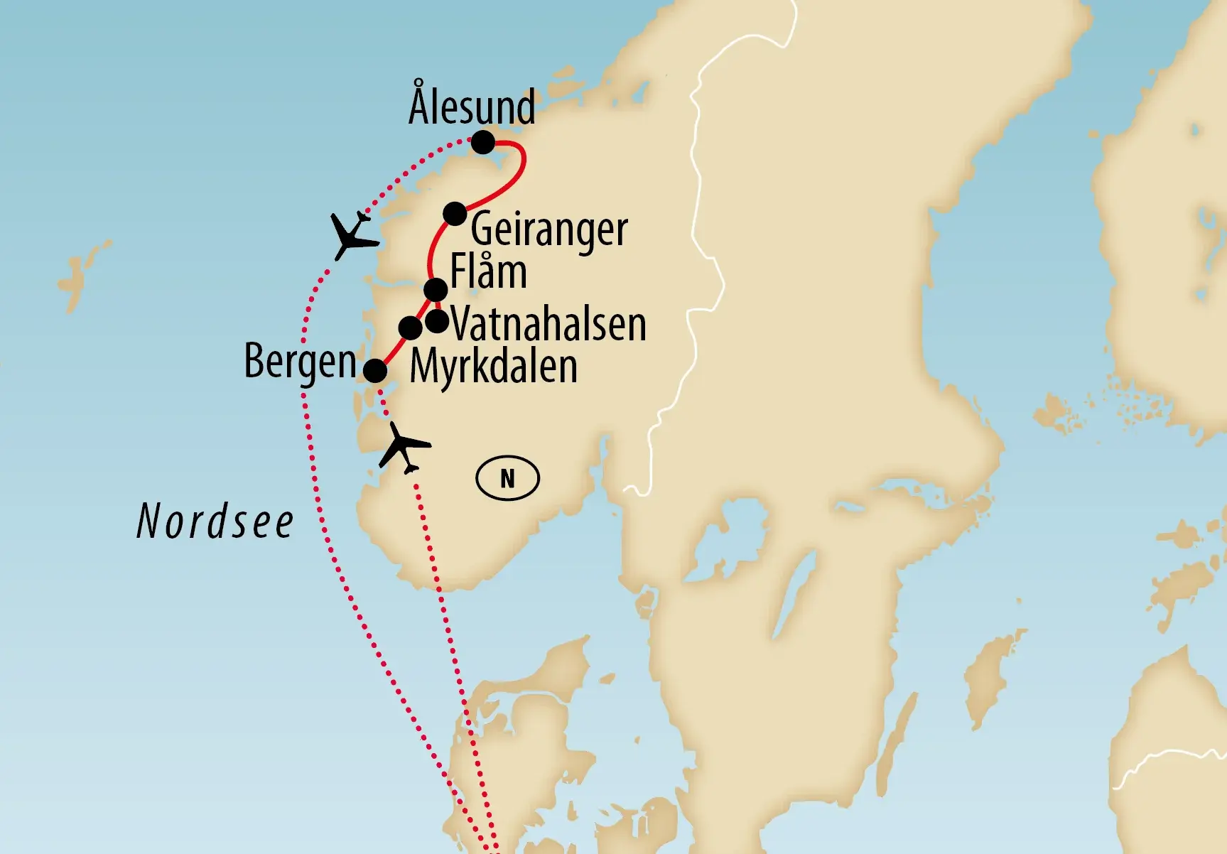 Reisekarte von Norwegen mit einer roten Route von Bergen über Myrkdalen, Vatnahalsen, Flåm und Geiranger bis nach Ålesund sowie Flugverbindungen über der Nordsee.