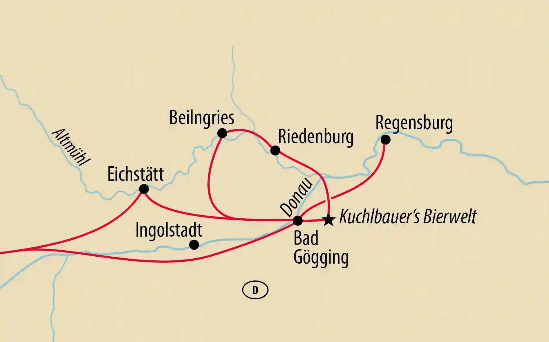 Karte der Rundreise mit Ingolstadt, Eichstätt, Beilngries, Riedenburg, Regensburg und Bad Gögging