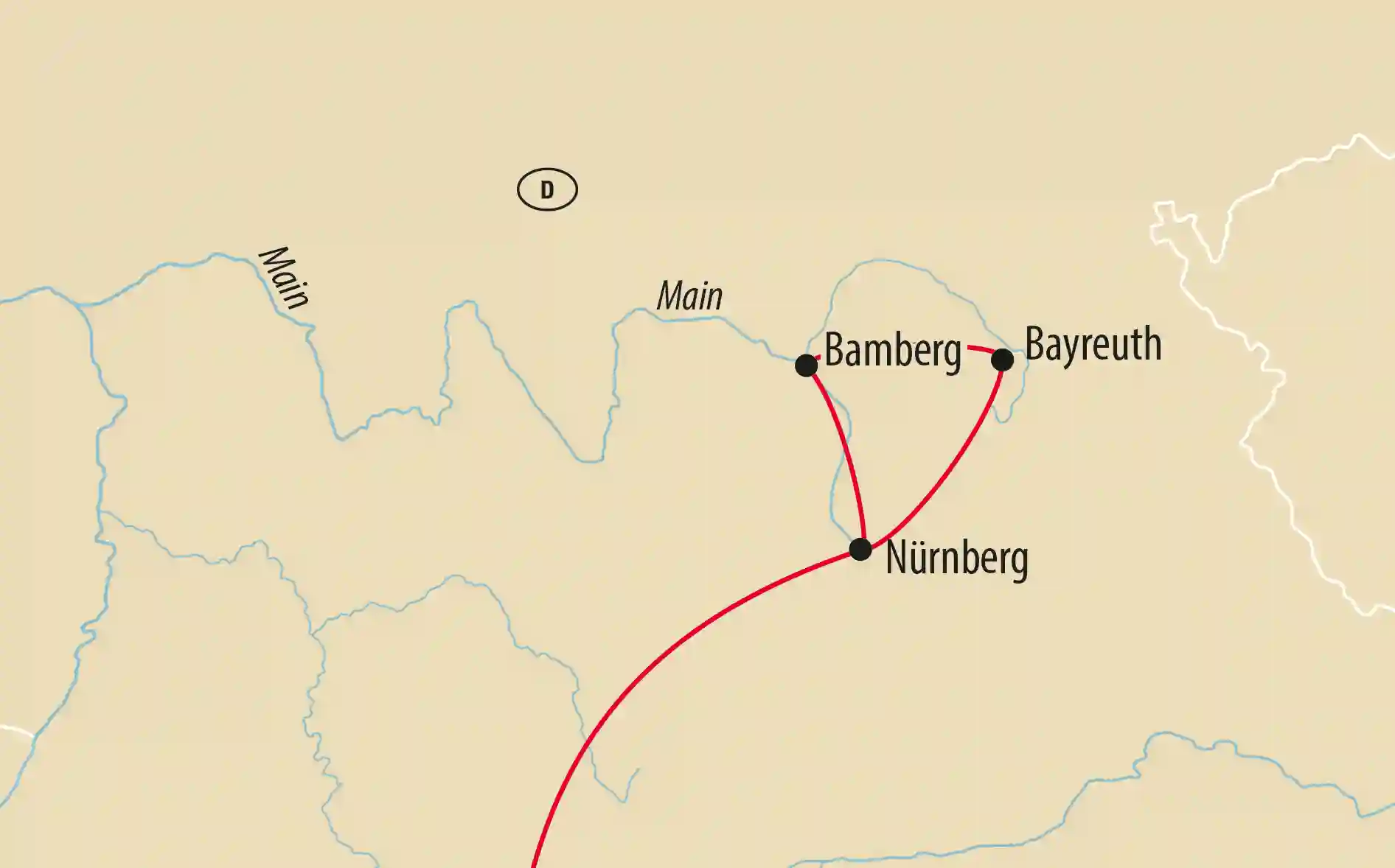 Karte der Rundreise mit Nürnberg, Bamberg und Bayreuth in Franken