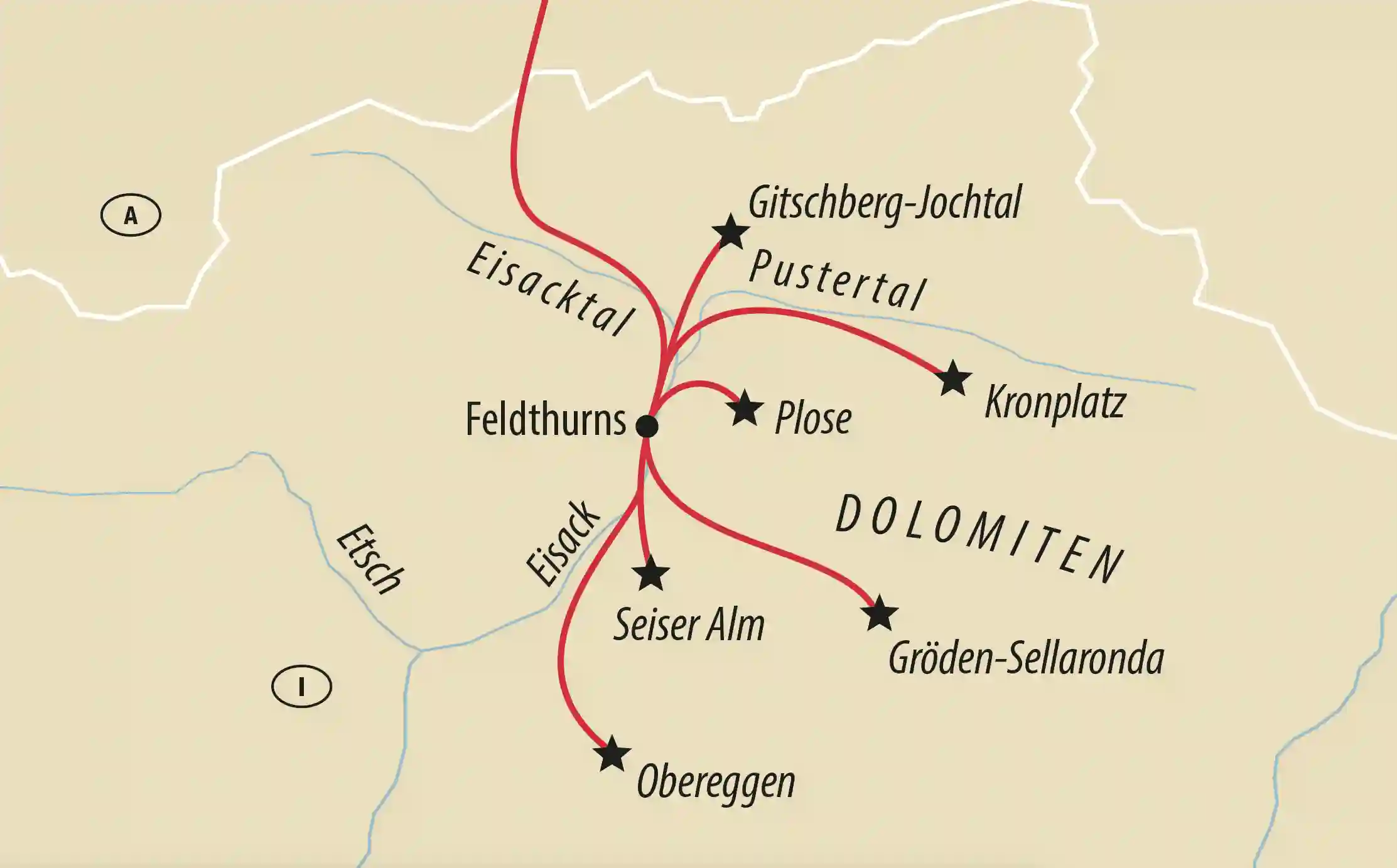 Karte der Skigebiete rund um Feldthurns mit Kronplatz, Plose, Seiser Alm, Sellaronda und Obereggen