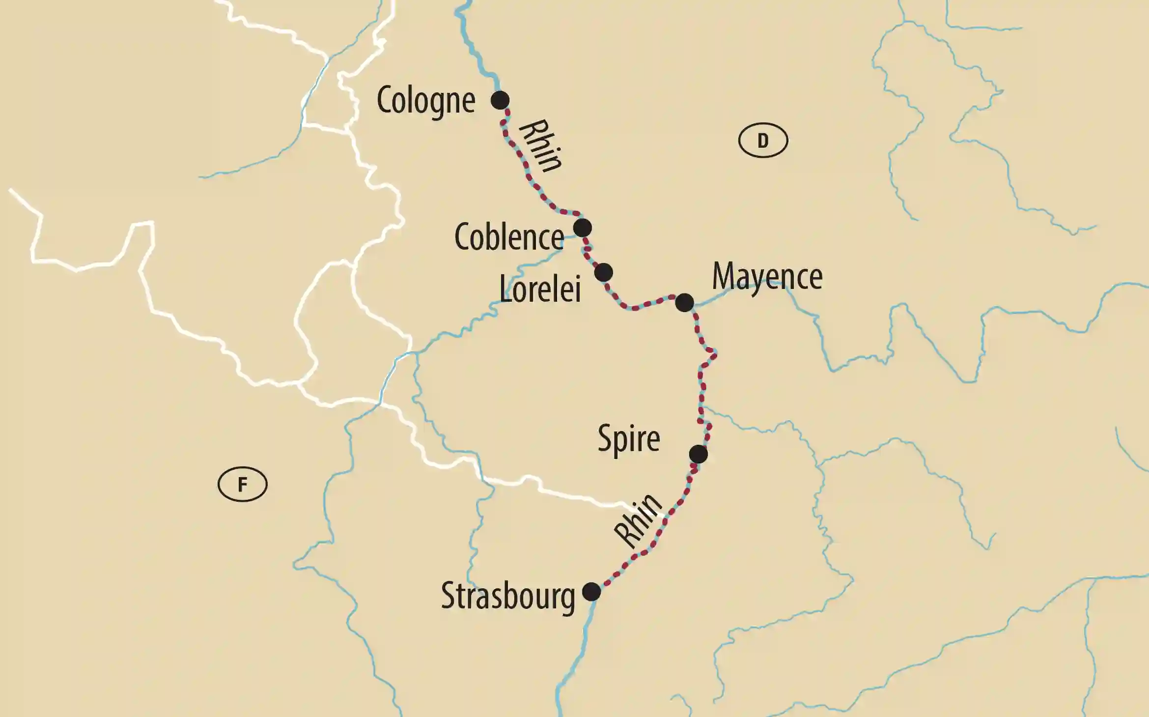 Carte de l'itinéraire de la croisière fluviale sur le Rhin, de Strasbourg à Cologne via Spire, Mayence et Coblence.