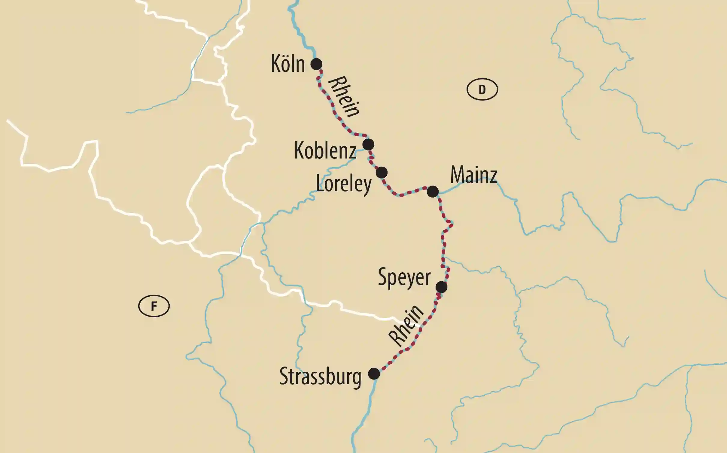 Routenkarte der Flusskreuzfahrt auf dem Rhein von Straßburg über Speyer, Mainz und Koblenz bis Köln.