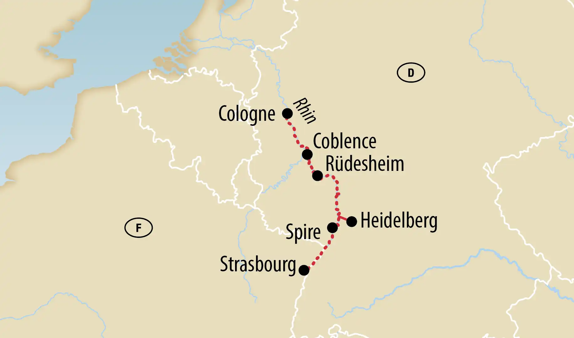 Carte montrant un itinéraire le long du Rhin de Cologne via Coblence et la Loreley jusqu’à Rüdesheim, Spire et Strasbourg