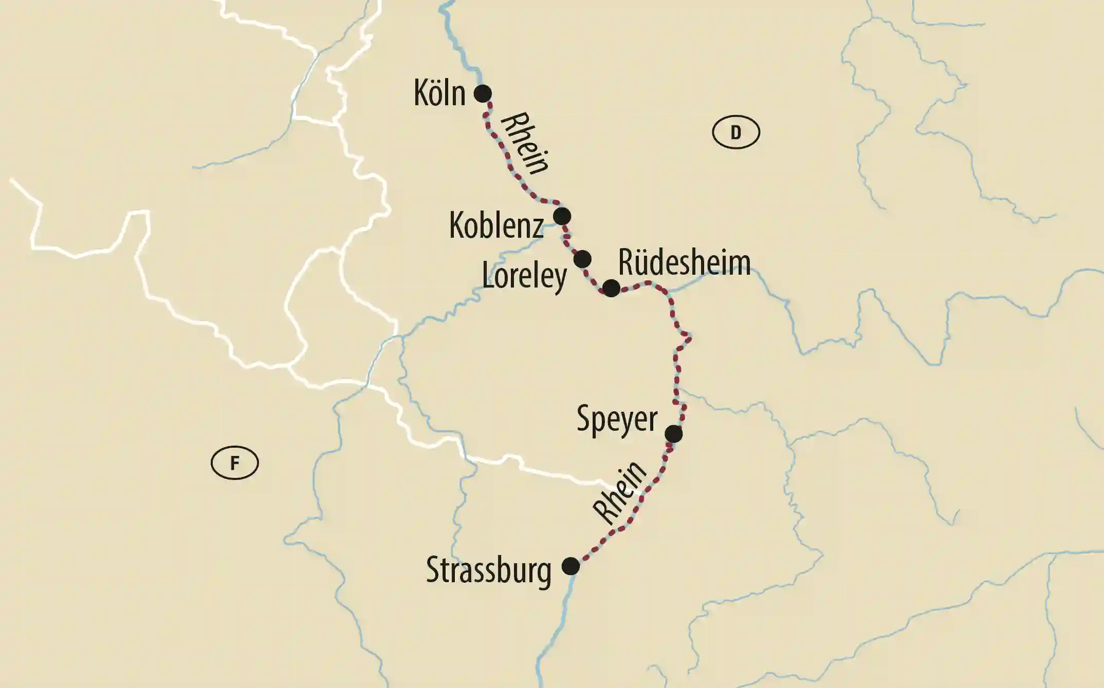Karte mit Reiseroute entlang des Rhein von Köln über Koblenz und Loreley bis Rüdesheim, Speyer und Strassburg