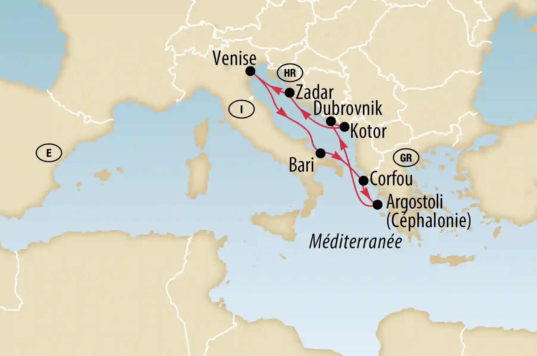 Carte montrant un itineraire de croisiere en Mediterranee de Venise a travers l Adriatique jusqu en Grece