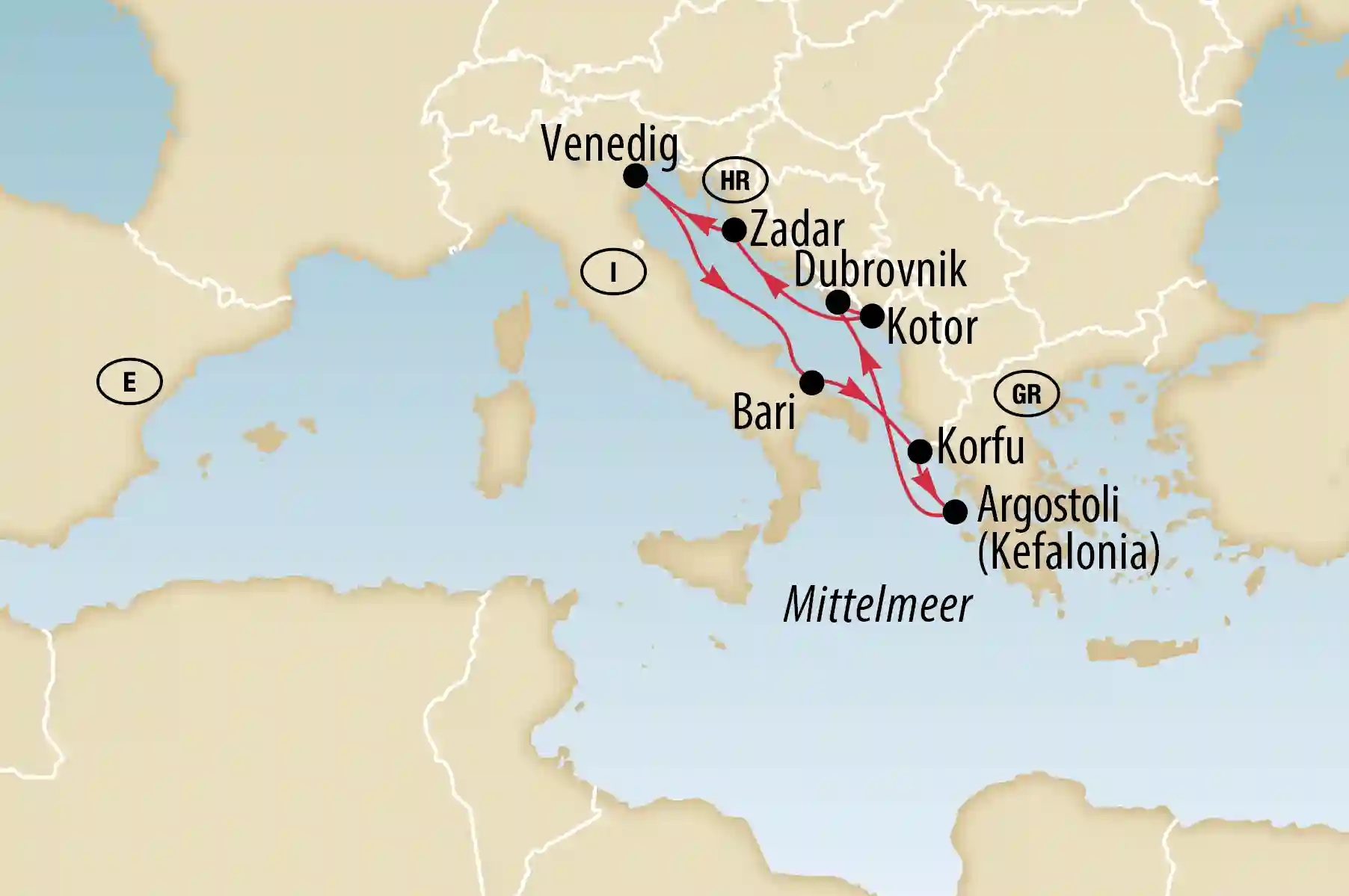 Karte mit Kreuzfahrtroute im Mittelmeer von Venedig über die Adria bis nach Griechenland
