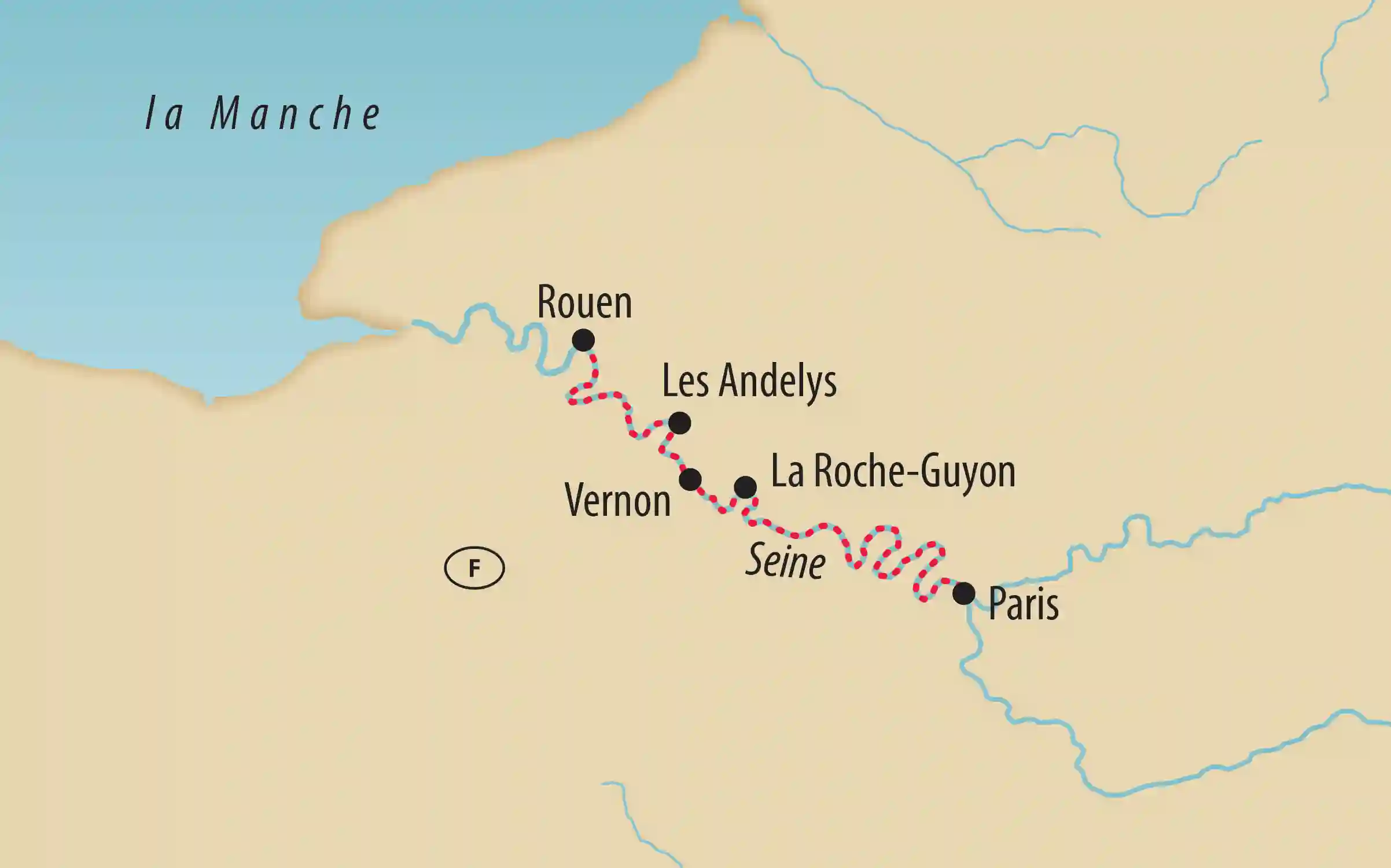 Carte de la croisière sur la Seine entre Paris et Rouen avec escales à La Roche-Guyon, Vernon et Les Andelys.
