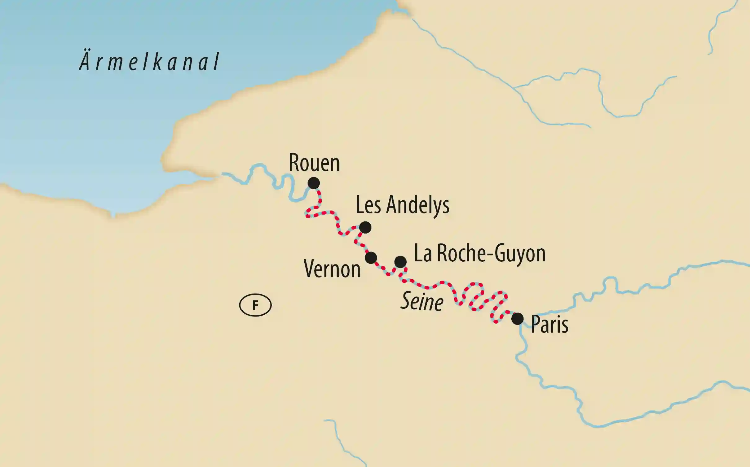 Karte der Seine-Kreuzfahrt von Paris nach Rouen mit Stationen in La Roche-Guyon, Vernon und Les Andelys.