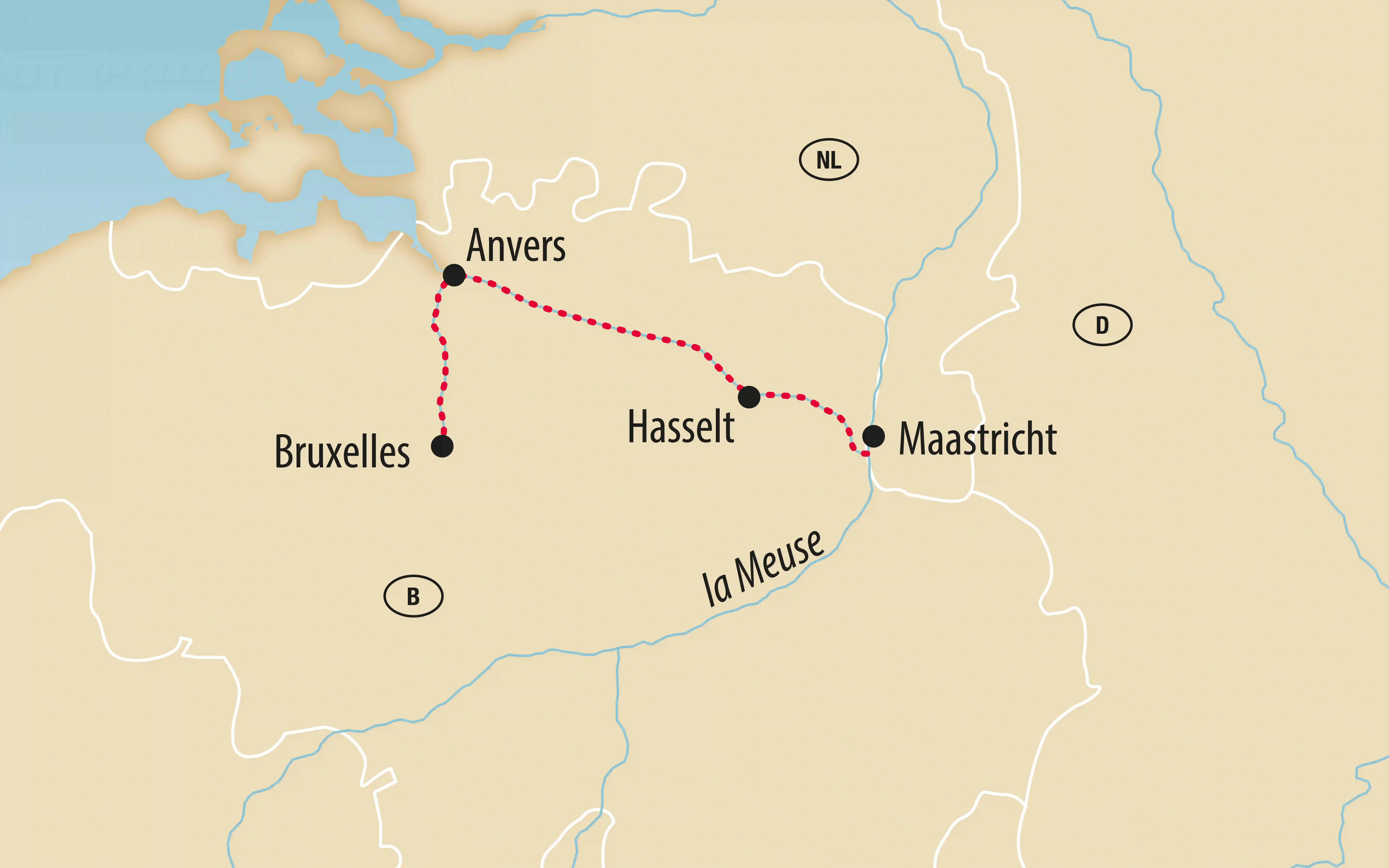 Carte d’un voyage à travers la Belgique et les Pays-Bas reliant Bruxelles, Anvers, Hasselt et Maastricht le long de la vallée de la Meuse.