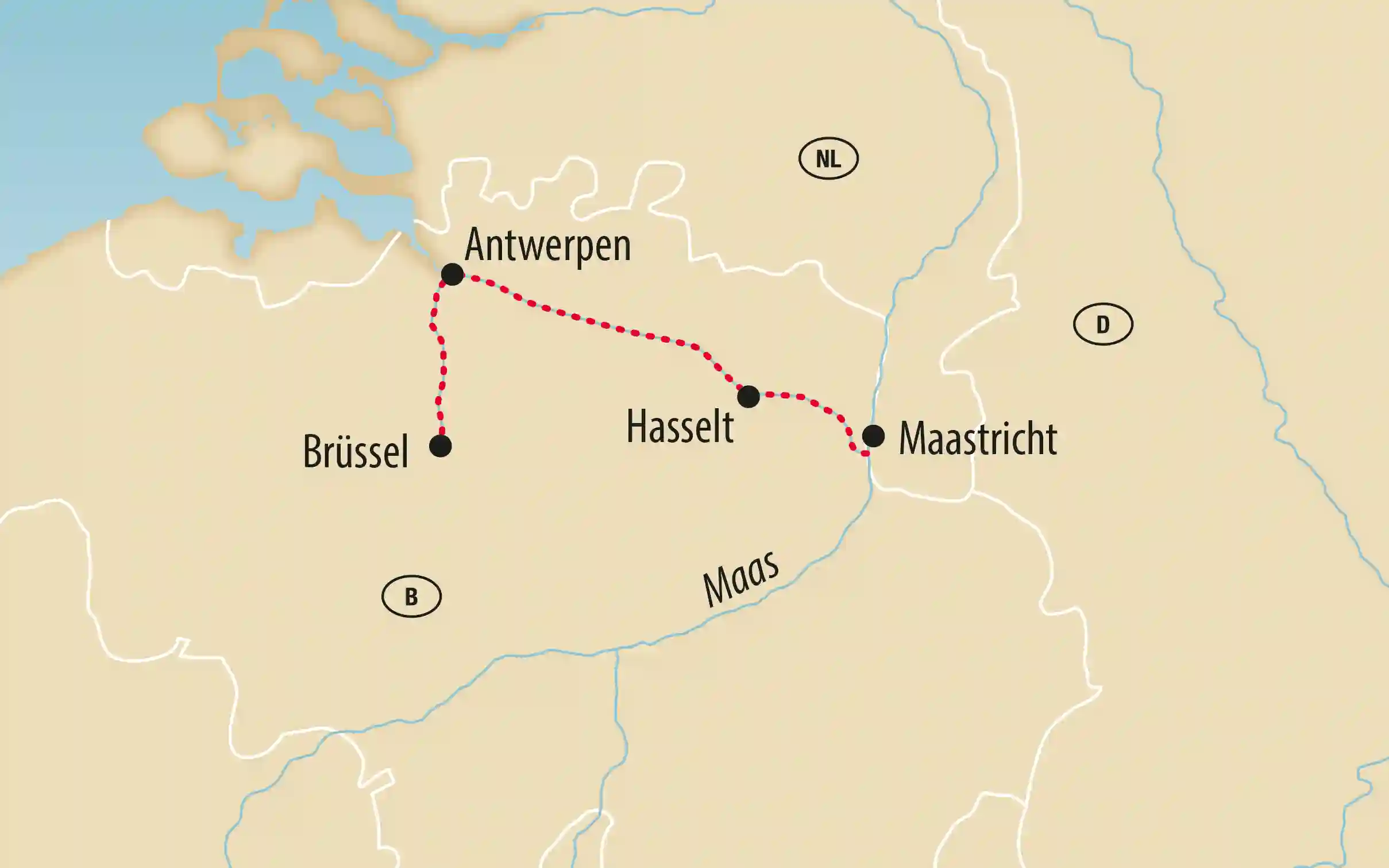 Karte einer Reise durch Belgien und die Niederlande mit den Stationen Brüssel, Antwerpen, Hasselt und Maastricht entlang der Maas.
