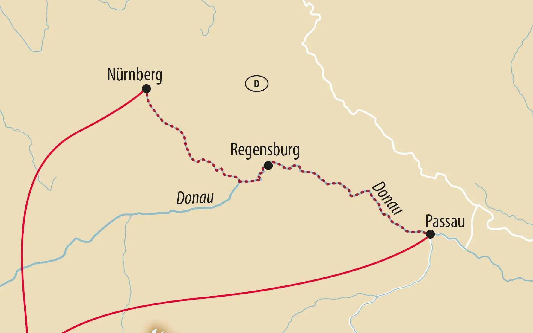 Karte von Süddeutschland mit Nürnberg, Regensburg und Passau entlang der Donau