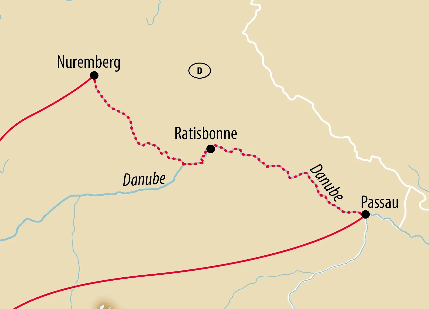 Carte du sud de l'Allemagne avec Nuremberg, Ratisbonne et Passau le long du Danube