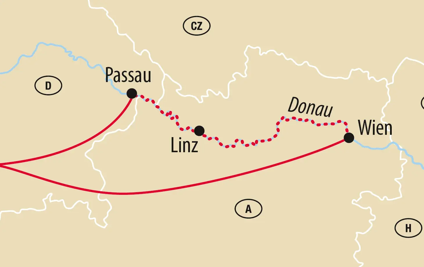 Karte von einer Flussfahrt mit Stopps in Passau, Linz und Wien 