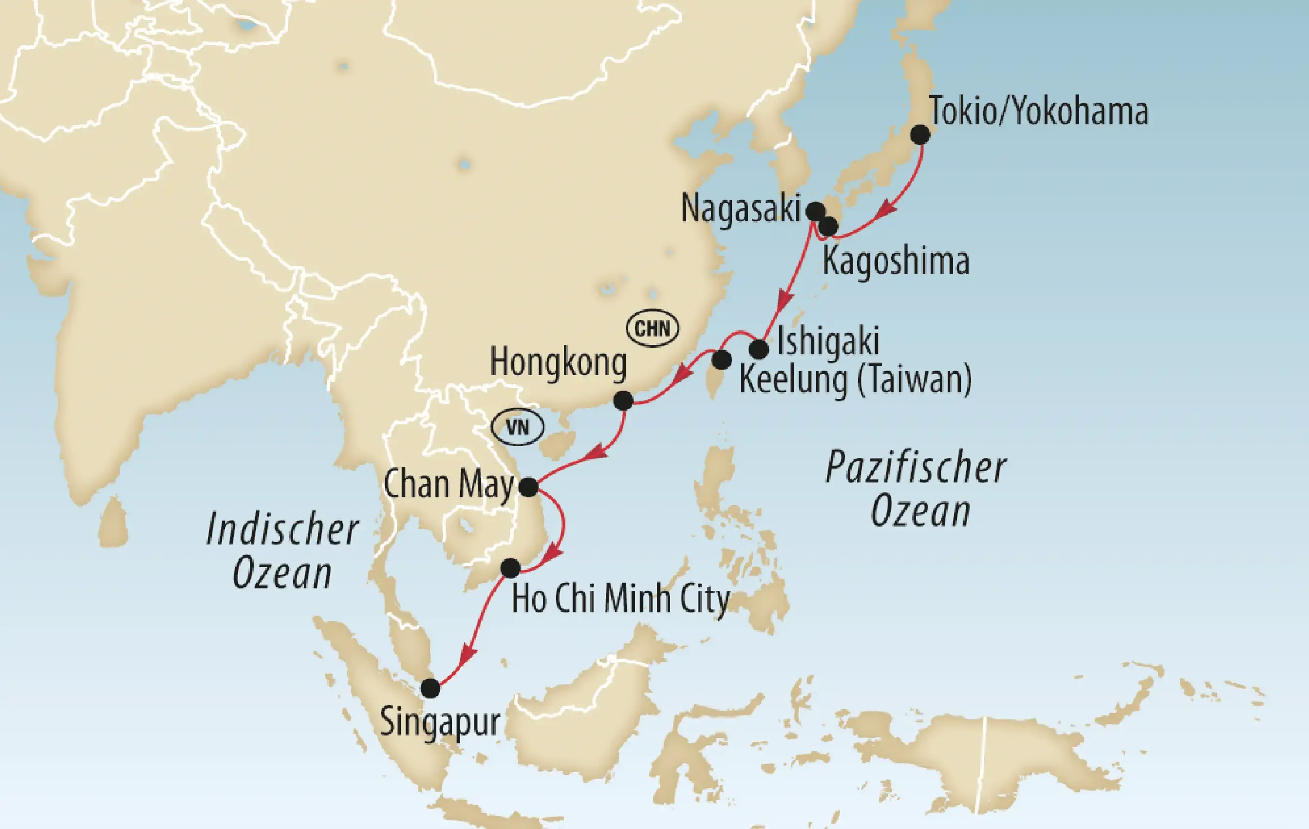 Karte mit Reiseroute zwischen Singapur, Vietnam, Hongkong, Taiwan und Japan