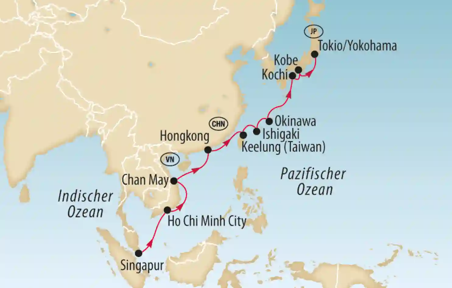 Karte mit Reiseroute durch Südostasien und Ostasien