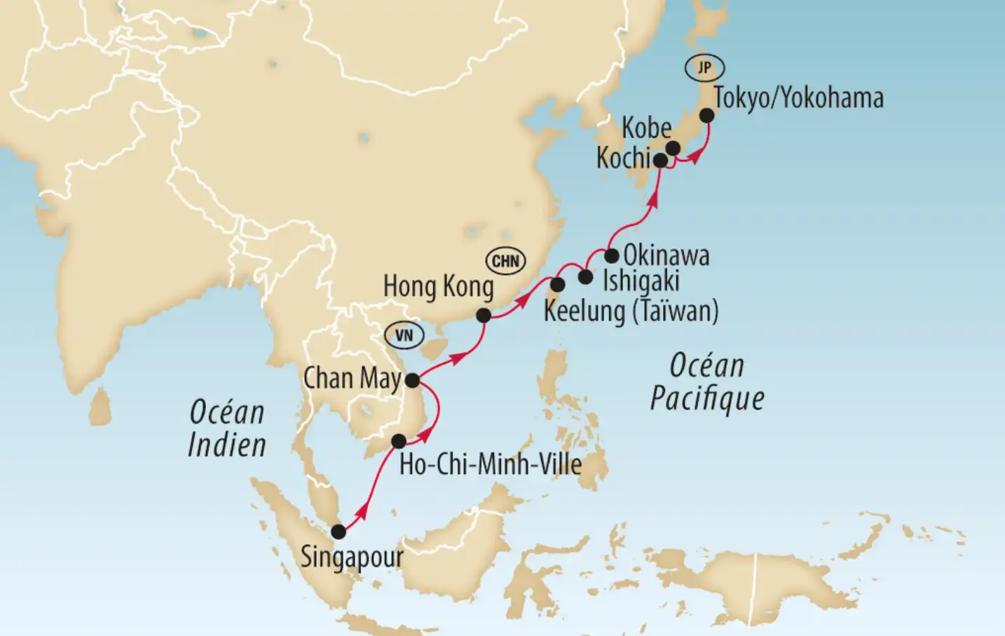 Carte montrant un itinéraire a travers l'Asie du Sud Est et l'Asie de l'Est