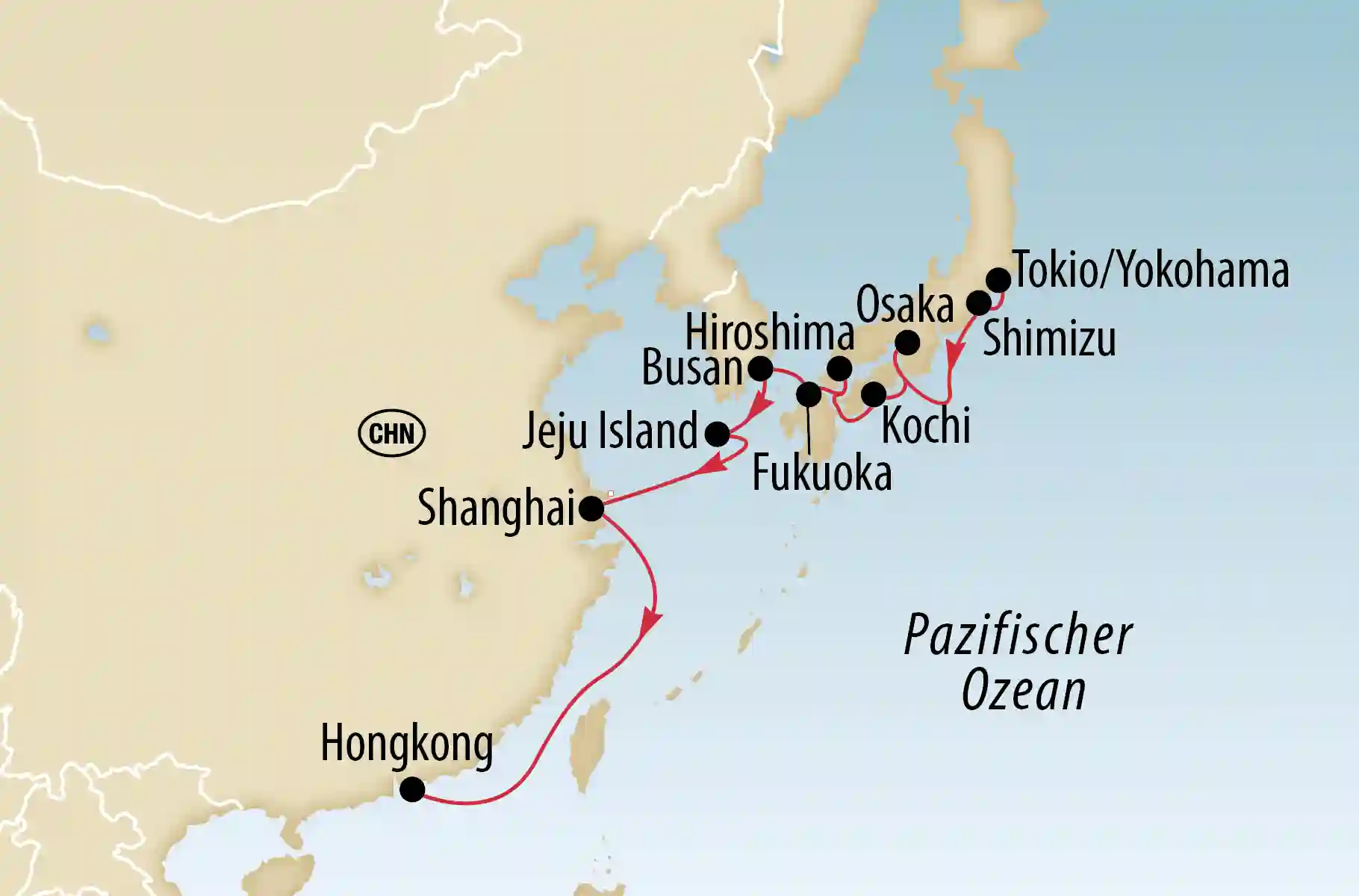 Karte einer Asien Kreuzfahrtroute mit Stationen in China, Südkorea und Japan